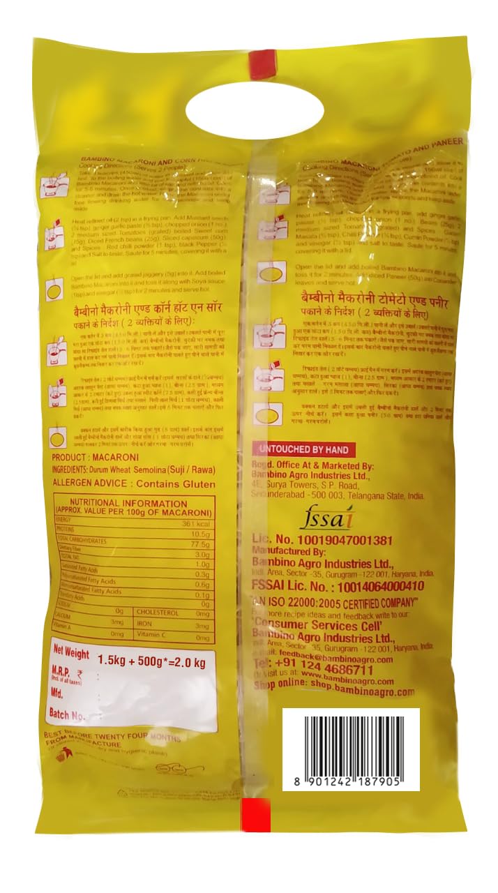 Bambino Pasta - Premium Macaroni for Cooking, 2kg (1.5kg+500g Bonus) - Perfect for Family Dinners, Italian Recipes & Meal Prep