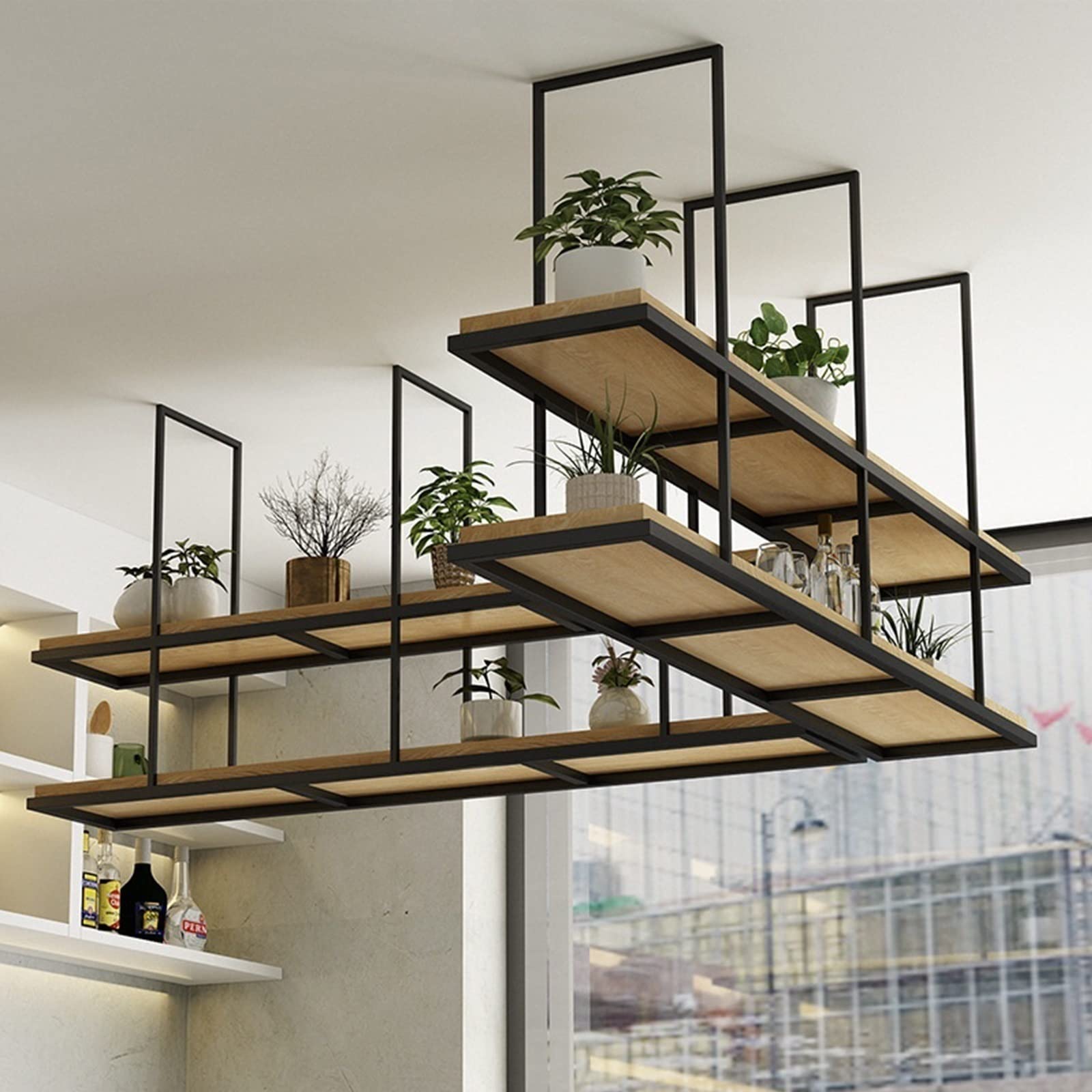 American Style Hanging Floating Shelf - Solid Wood Ceiling Wine Rack & Bookshelf, LOFT Wall Mounted Wrought Iron Plant Stand for Dining Room, Living Room, Bar Decor | Perfect for Wine Storage, Book Display & Indoor Plant Decorating