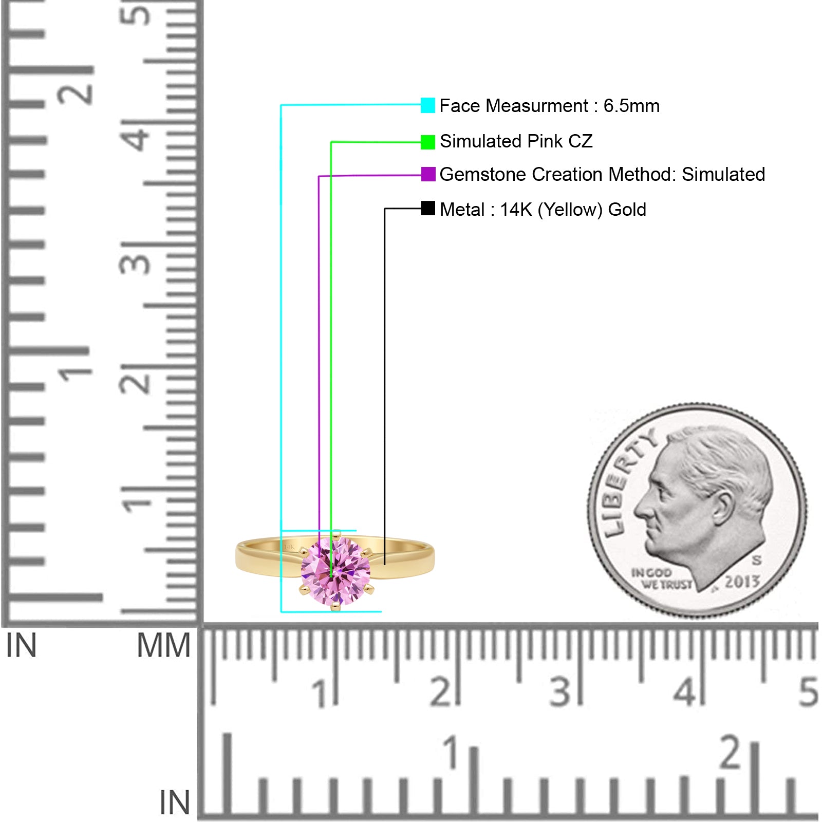 14K Yellow Gold Round Solitaire Pink Cubic Zirconia Art Deco Ring for Women - Elegant Vintage Style Engagement & Wedding Band, Perfect for Anniversary, Valentine's Day Gift