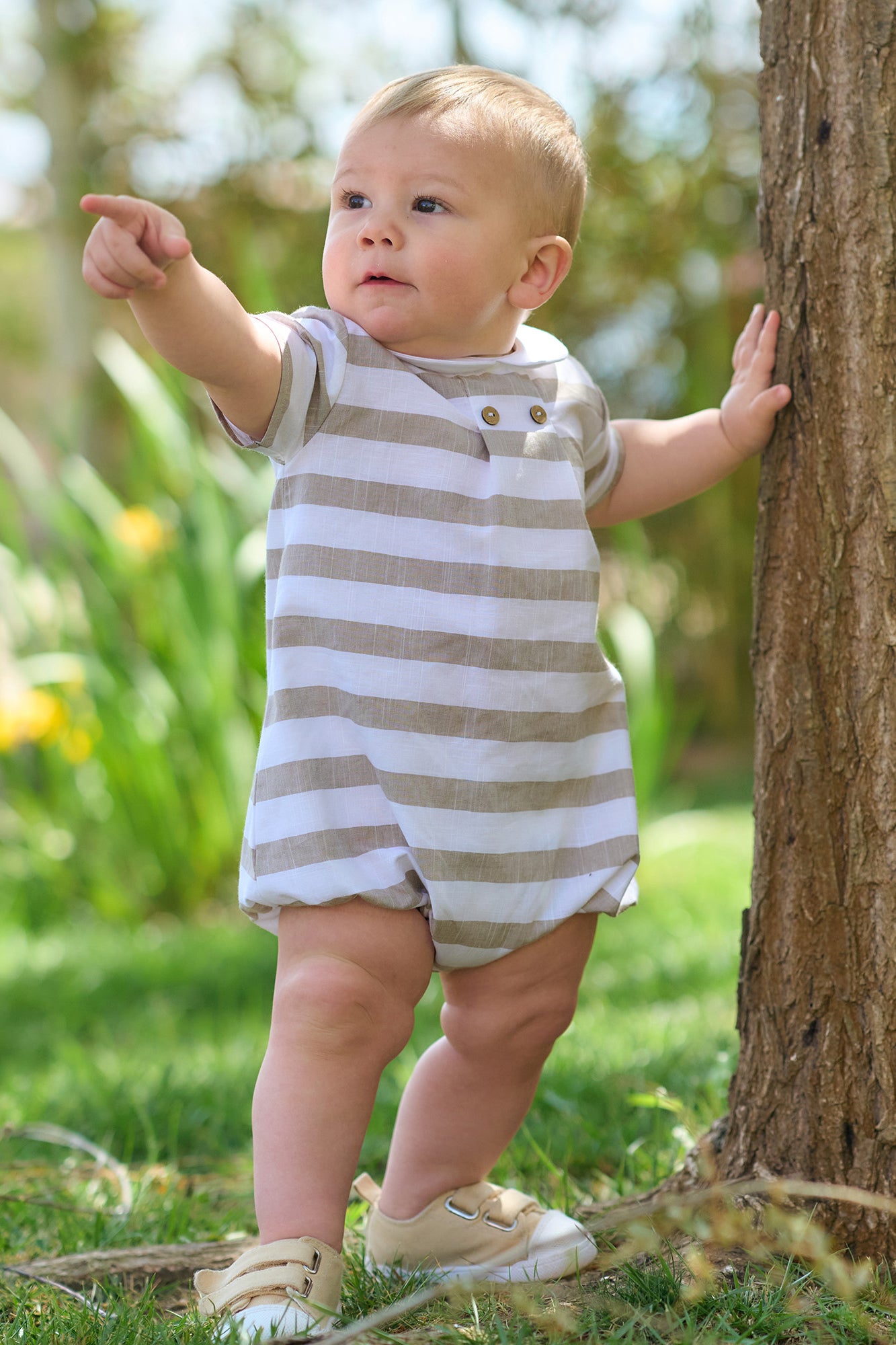 Zachary Beige Striped Romper for Baby Boys & Girls | Soft Cotton Jumpsuit with Adjustable Straps | Perfect for Summer Outfits, Photoshoots & Playdates