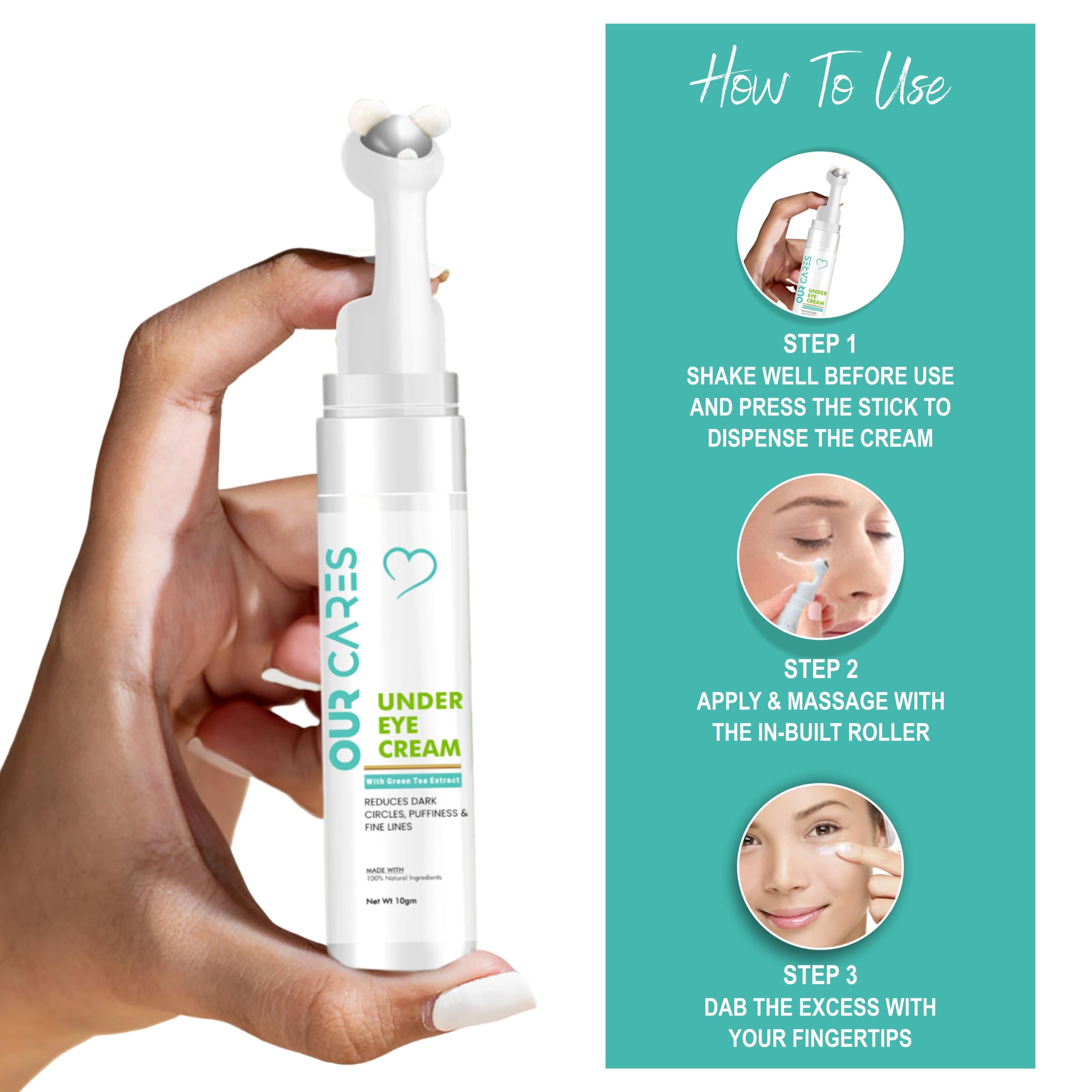 OURCARES Under Eye Cream for Dark Circles & Wrinkles - Anti-Puffiness Cooling Gel with Green Tea Extract, Niacinamide & Vitamin E - Eye Roller Massage for Refreshed Skin (10g) - Perfect for Morning Routine & Travel Skincare