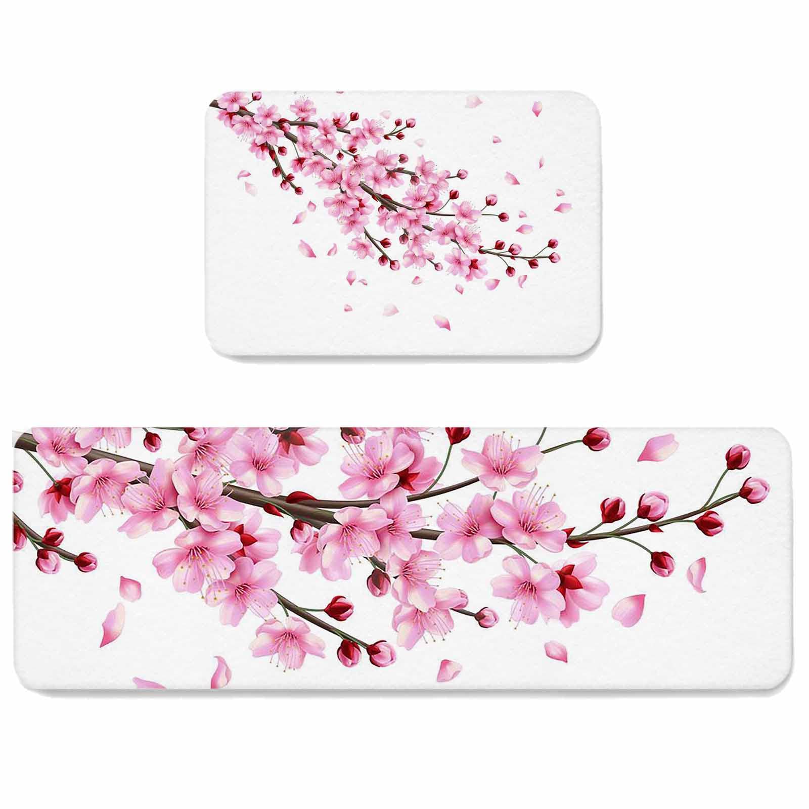 2-Piece Non-Slip Kitchen Mat Set - Washable Spring Pink Cherry Blossom Design, 23.6