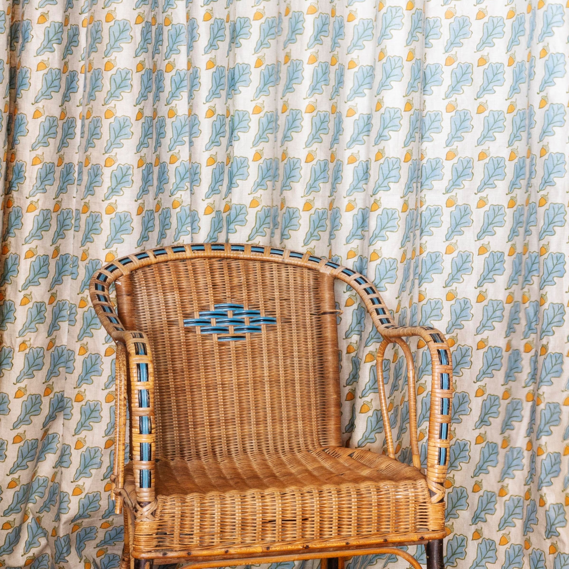 Handmade Blue Linen Fabric with Oak Block Print - Eco-Friendly Home Decor & DIY Crafting Material for Curtains, Table Runners, and Upholstery Projects