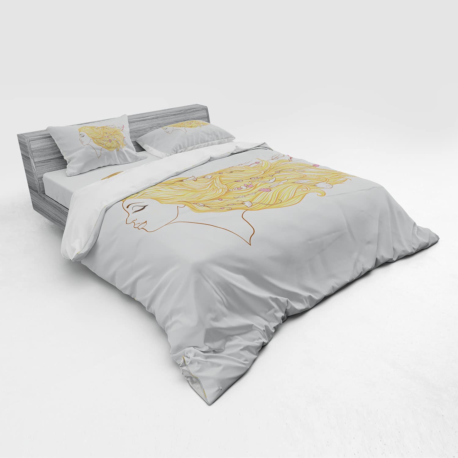 Ambesonne Bohemian Duvet Cover Set - King Size 4-Piece Bedding with Shams & Fitted Sheet, Pale Peach Brown - Hippie Chic Young Woman with Seashell Beads Design - Perfect for Boho Bedroom Decor, Spring Refresh & Beach House Styling
