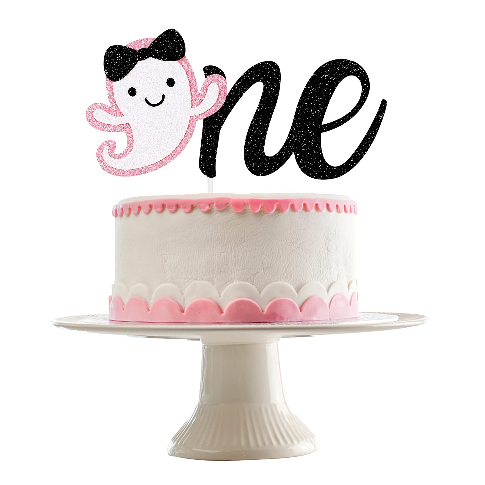 Pink & Black Glitter Halloween Ghost Cake Topper - Baby Girl 1st Birthday Party Supplies | Adorable Ghost Decor for Halloween Cakes, Cupcakes & Desserts