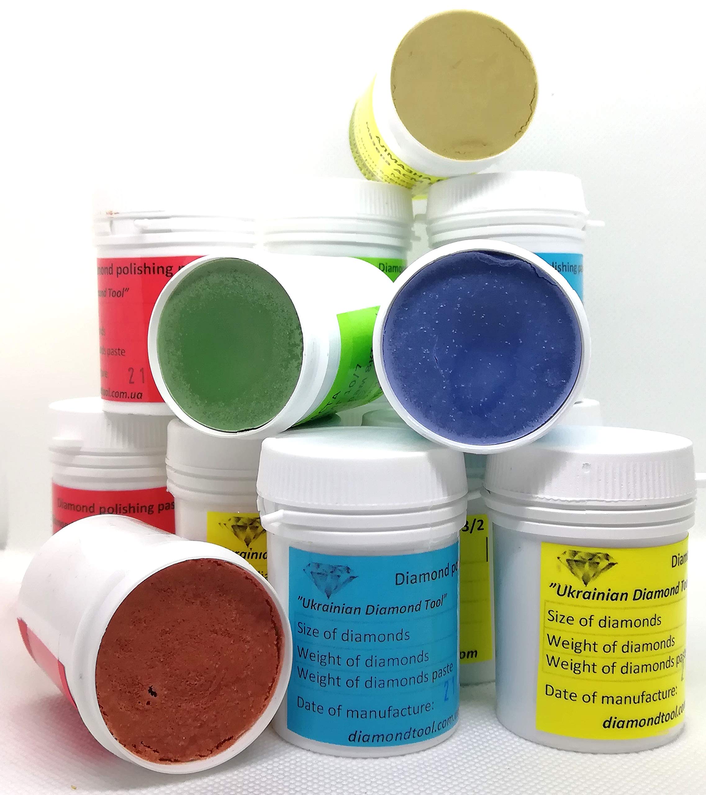 Diamond Water-Based Polishing Compound - 15 Jars (40g Each) for Metal, Glass & Jewelry - 0.1-63.0 Micron Grit Range - Perfect for DIY, Automotive & Professional Polishing