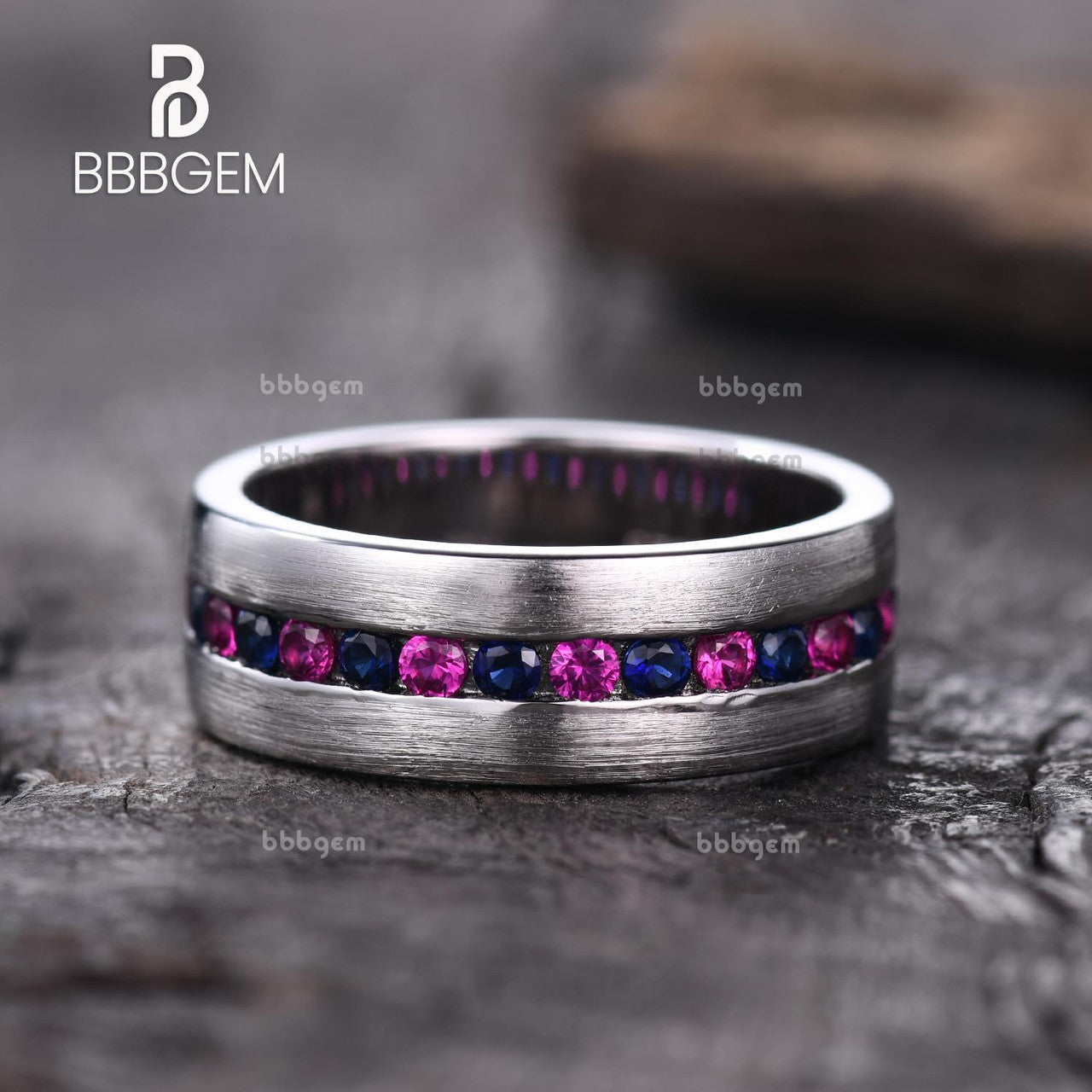 7mm Matte Blue Sapphire & Lab Ruby 3/4 Eternity Band Ring for Men - Sterling Silver Satin Finish - Wedding Band, Anniversary Gift, Promise Ring, Everyday Jewelry