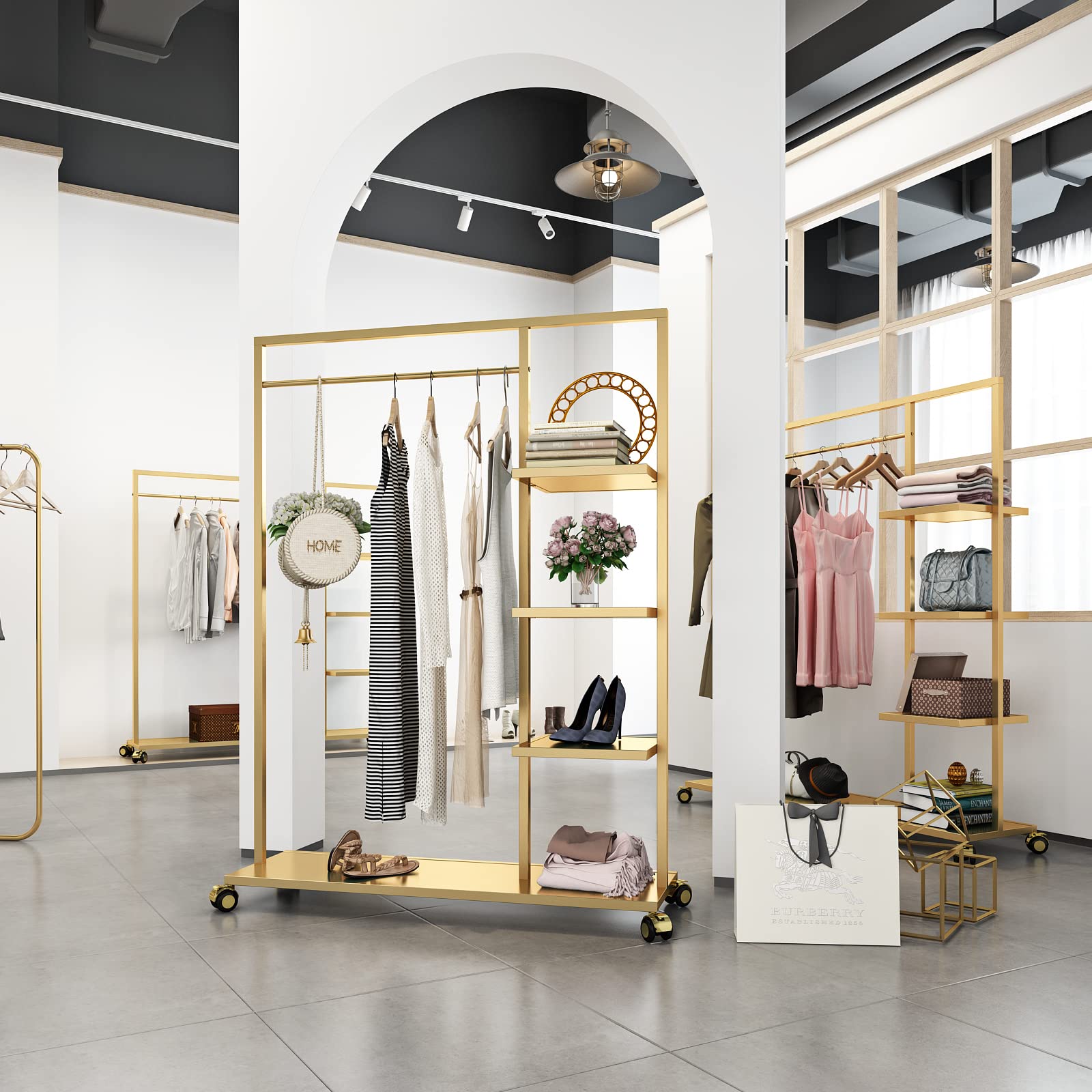 Stylish Gold Clothing Rack with Shelf - Heavy Duty Garment Rack for Boutique & Home Use - Multi-Purpose Hanging Organizer for Clothes, Accessories & Retail Display (Gold) - Perfect for Bedroom, Closet, Store & Fashion Showroom