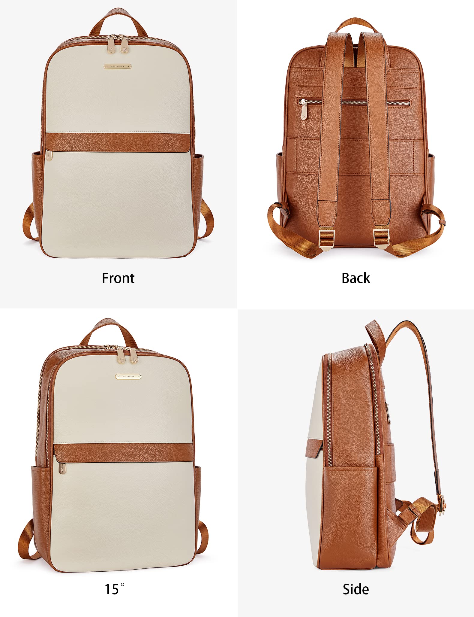 BOSTANTEN Genuine Leather 15.6 Inch Laptop Backpack for Women - Stylish College School Bag, Business Work Tote & Travel Carry On Backpack - Perfect for Commuting, Office, Campus and Weekend Getaways