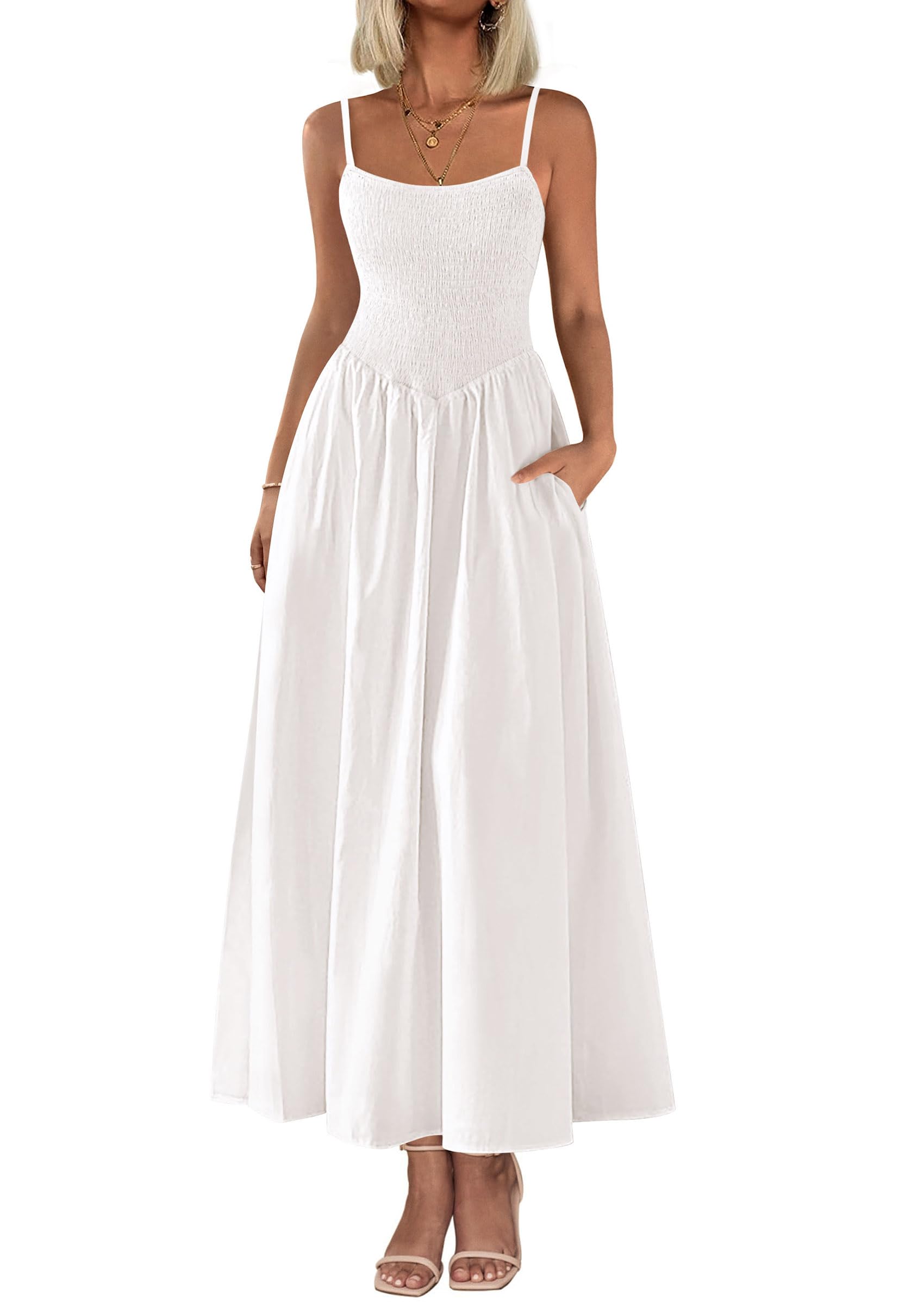 PRETTYGARDEN Women's Smocked Maxi Dress 2025 - Summer Beach Sundress with Spaghetti Straps, Casual A-Line Long Flowy Dress for Vacation, Pool Party & Outdoor Date Night