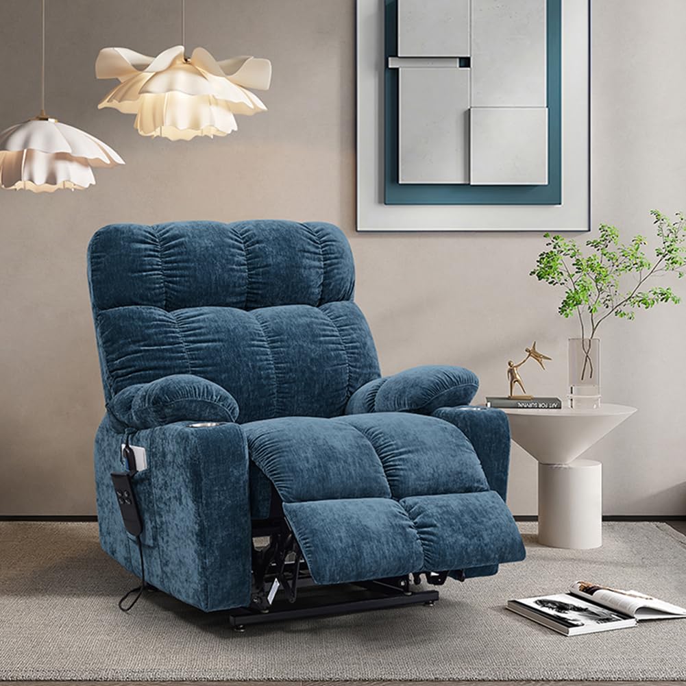 **Dual Motor Power Lift Recliner Chair for Elderly - 180° Lay Flat Sleeper, Electric Massage & Heat with Remote Control, Cup Holder - Perfect for Home, Office & Relaxation (Blue)**