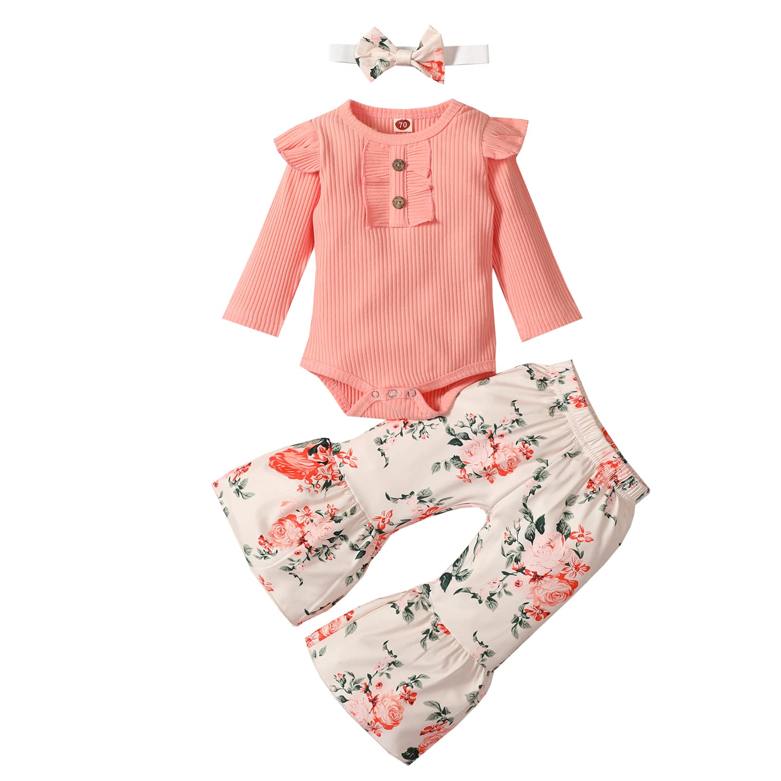 Newborn Baby Girl Clothes Sets - Ribbed Bodysuit & Floral Flare Pants Outfits for Spring & Fall | Cute Infant Romper Tops & Pants for Photos, Playdates & Special Occasions