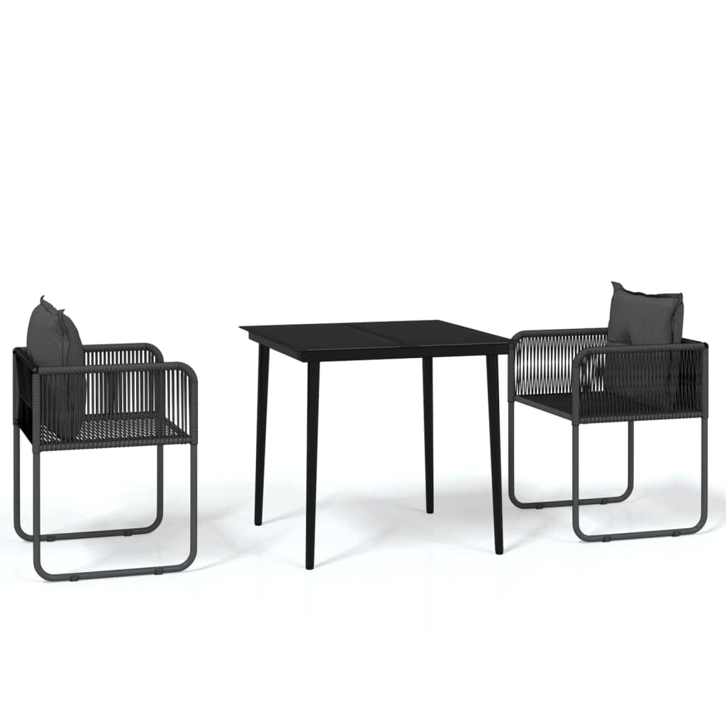 vidaXL 3-Piece Black Patio Dining Set with Glass Tabletop, Rattan Chairs & Comfortable Back Pillows - Outdoor Furniture for Garden, Balcony or Poolside Relaxation