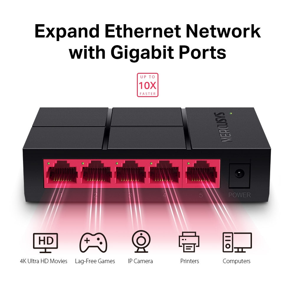 Mercusys MS105G 5-Port Gigabit Ethernet Switch for Home & Office Network | High-Speed Desktop Switch for Gaming, Streaming & Work | Plug & Play Network Hub for PC, Laptop, Smart TV & More
