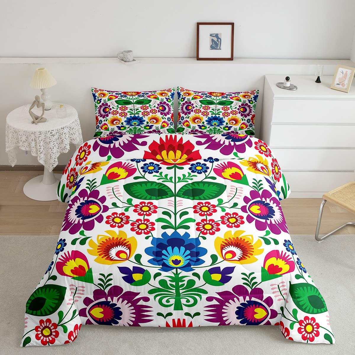 Vibrant Floral Comforter Set Queen Size - Botanical Leaf Design for Boys, Kids & Adults - Lightweight, Warm & Soft Boho Hippie Bedding with 2 Pillowcases - Perfect for Teen Bedrooms, Dorm Decor & Rainbow-Themed Nursery