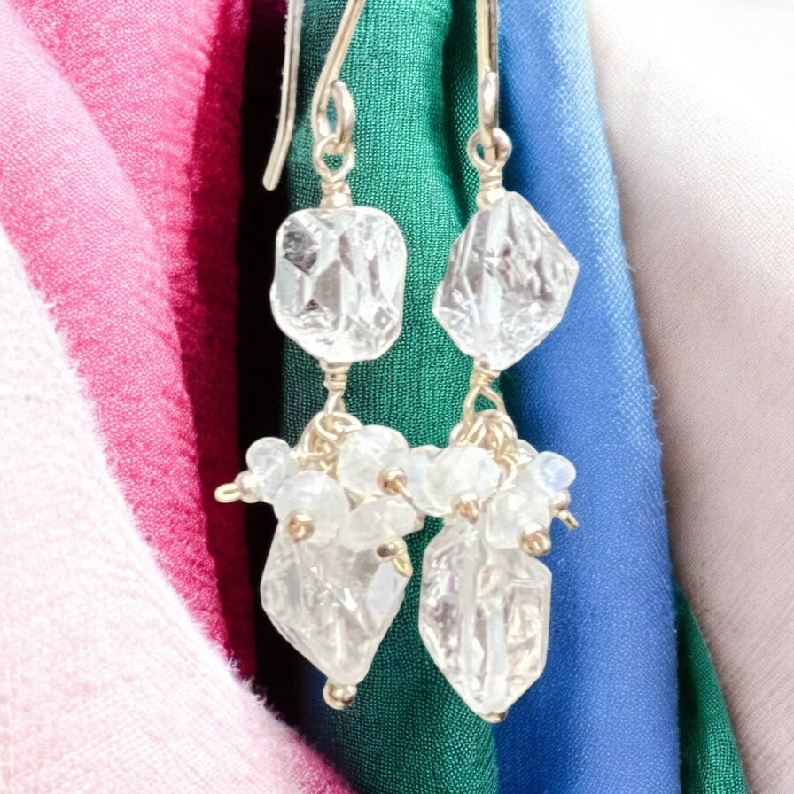 Herkimer Diamond Crystal Quartz and Moonstone Sterling Silver Dangle Earrings – Elegant Handmade Jewelry for Women, Perfect for Weddings, Parties & Special Occasions