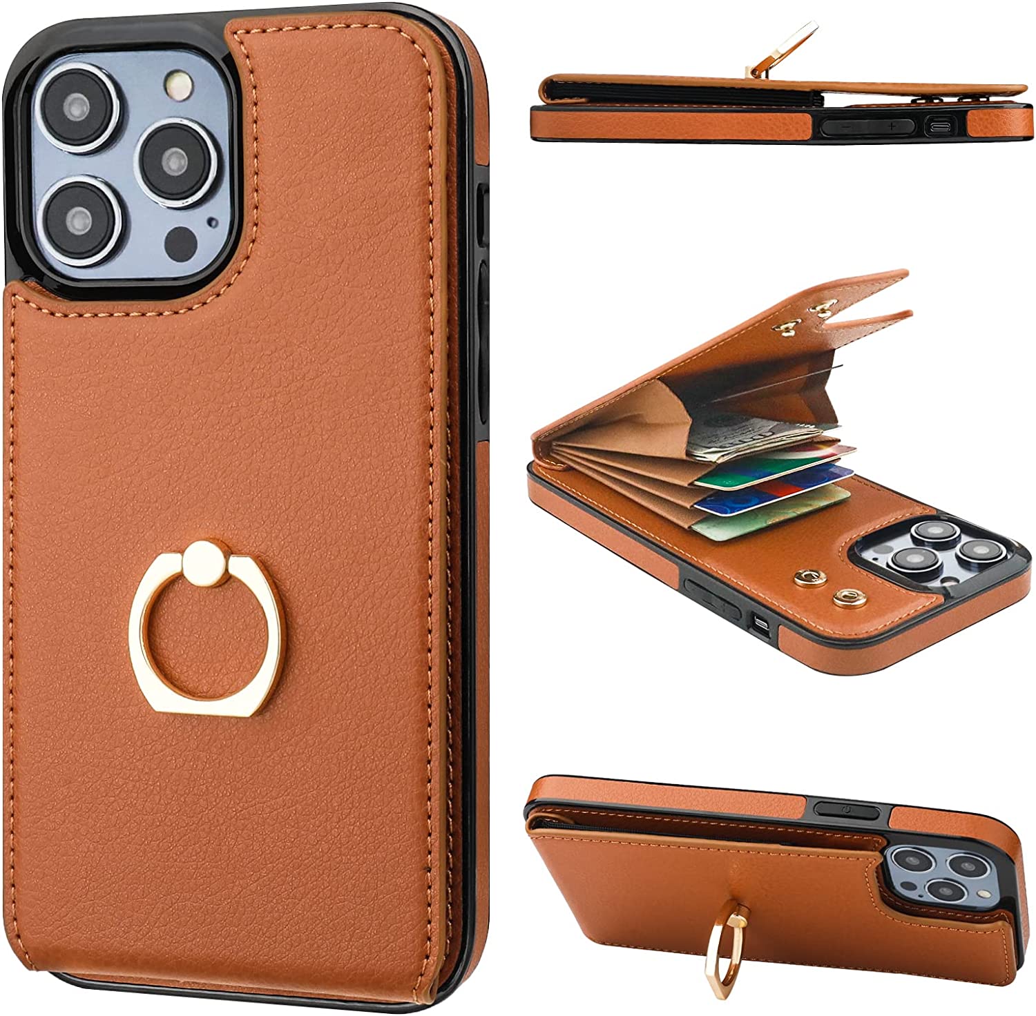 iPhone 14 Pro Max Wallet Case with Card Holder & 360° Rotating Finger Ring - Rose Gold | Slim Protective Cover for Everyday Use & Travel