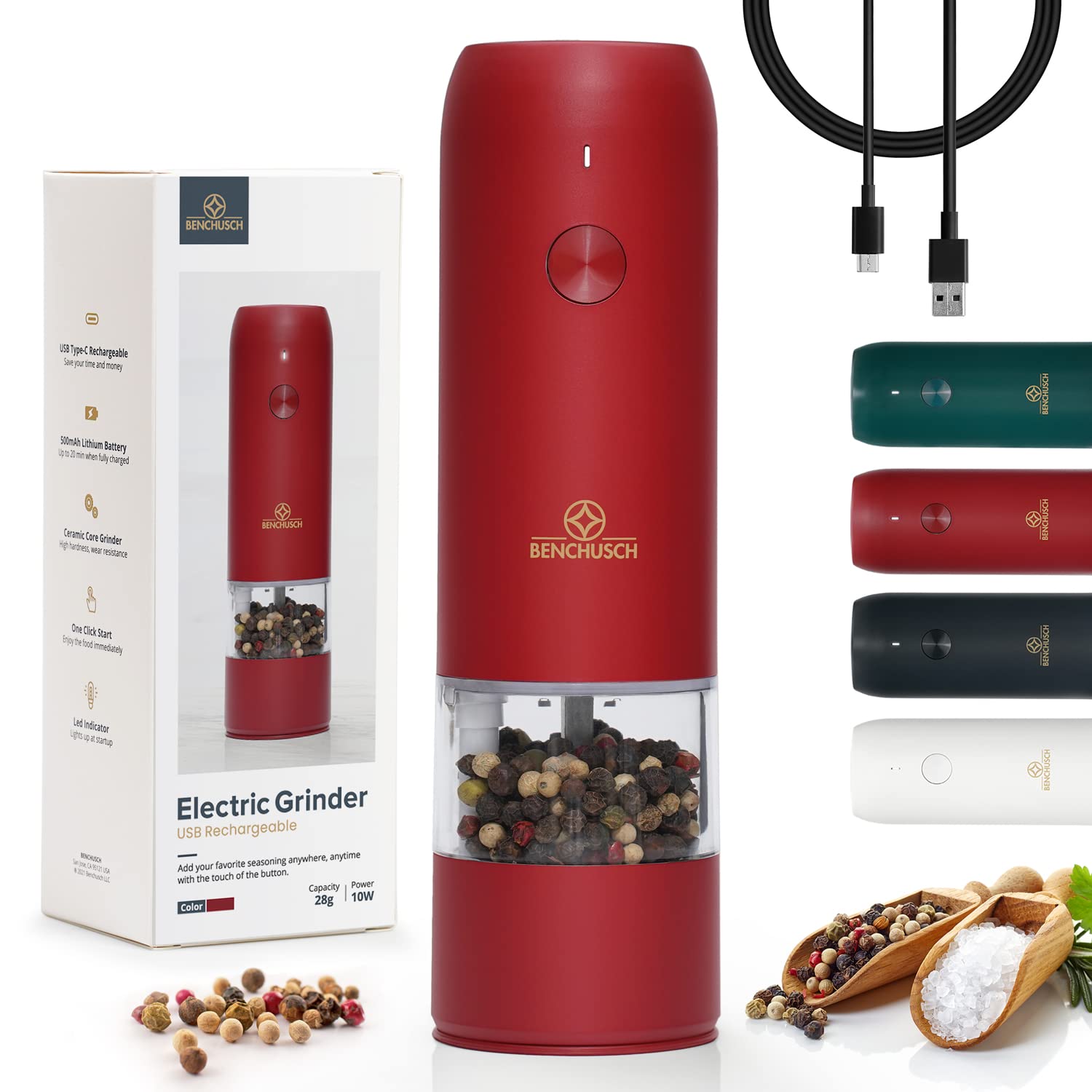 USB Rechargeable Electric Salt and Pepper Grinder Set - Adjustable Ceramic Grinder for Black Peppercorn & Sea Salt - Automatic One-Hand Operation Pepper Mill - Perfect for Kitchen, Dining Table & Camping (Red)