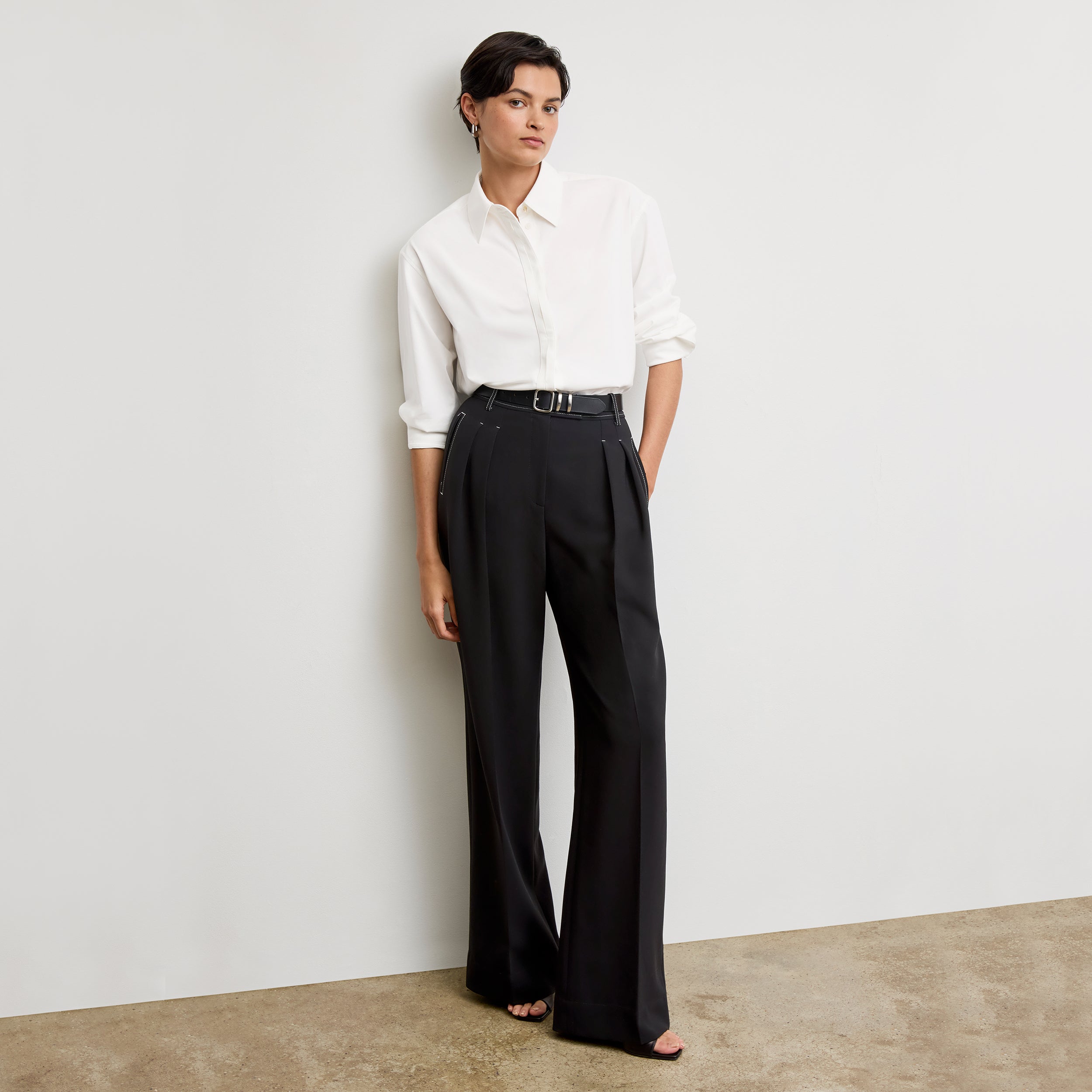 Bia Pleated Trousers for Women - High Waist Everyday Crepe Pants with Topstitch Detail - Comfortable Office Work Pants - Black - Perfect for Business Casual & Professional Wear