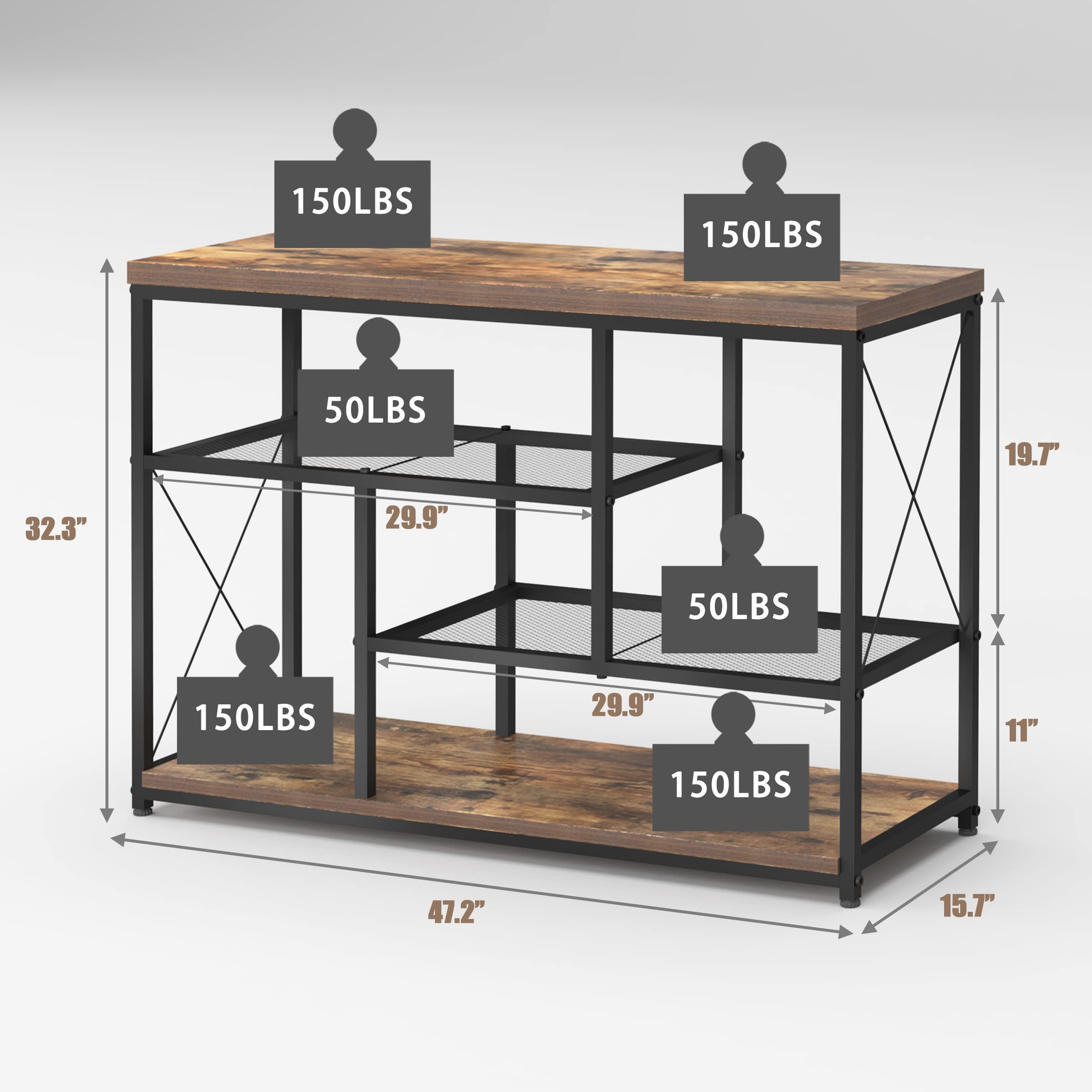 Rustic Oak TV Stand Console Table with Open Bookshelf - 47 Inch Industrial Sofa Table for Living Room, Entryway & Hallway - Perfect for Bedroom Storage & Living Room Decor