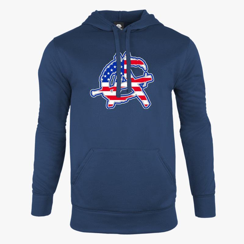 Anarchy Defender Fleece Hoodie for Men & Women - Soft & Warm Navy Blue Pullover with USA Flag Design - Perfect for Outdoor Activities, Gym & Casual Wear