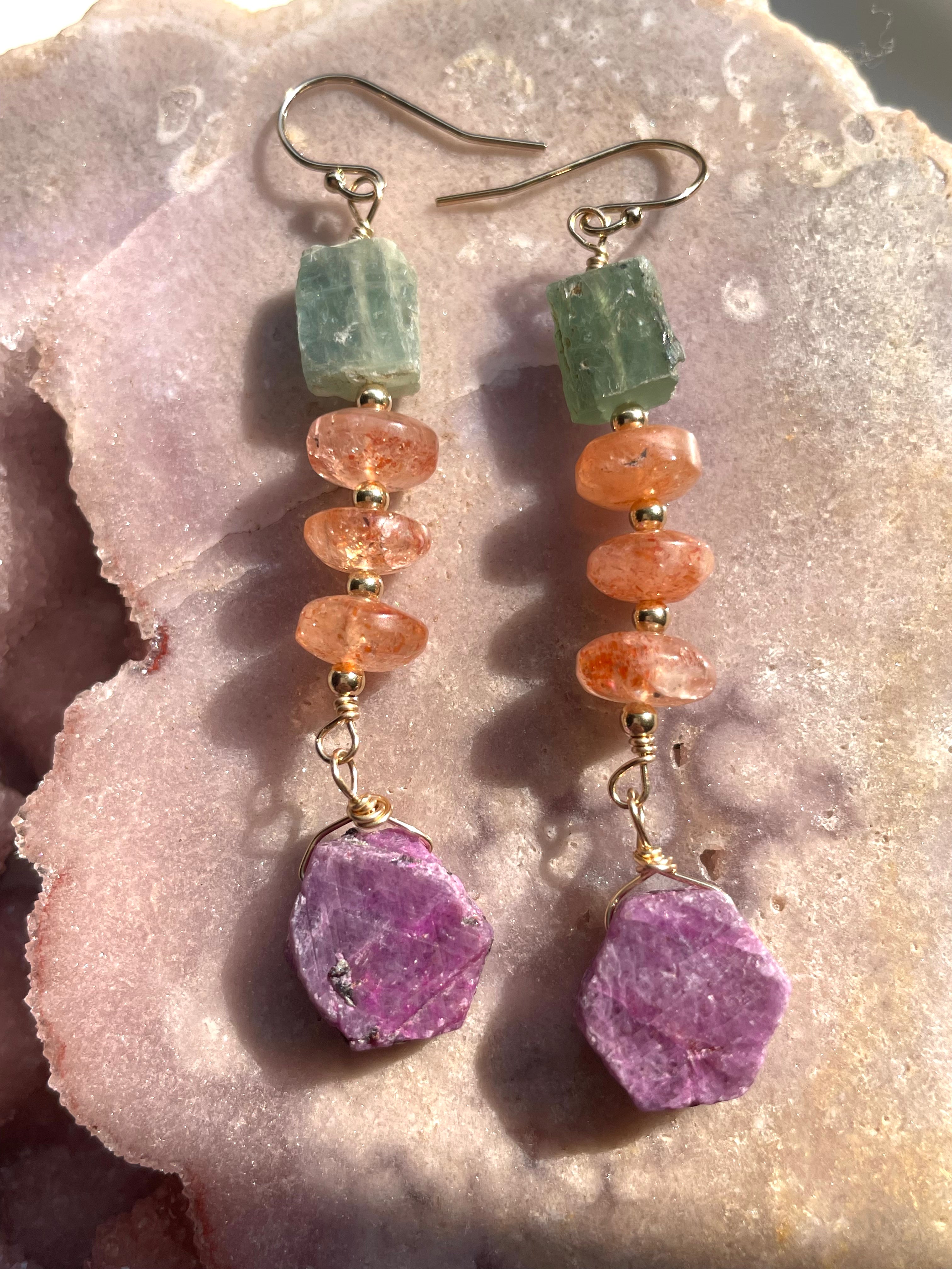 Unique Raw Ruby Sunstone Green Kyanite Statement Earrings for Women | Handmade Boho Jewelry | Perfect for Weddings, Parties & Special Occasions