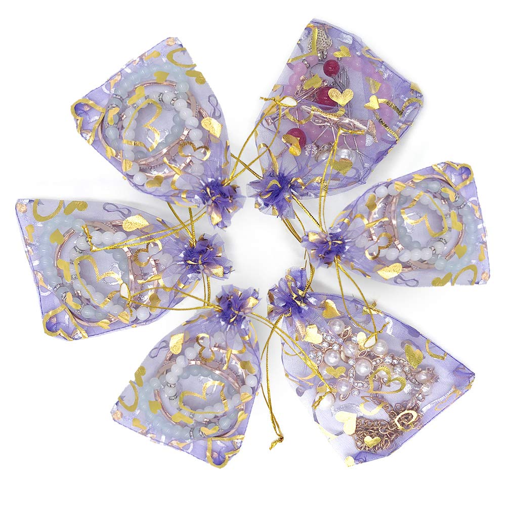Stratalife 4x6 Inch Organza Drawstring Bags - 50PCS Heart Printed Purple Mesh Jewelry Pouches for Wedding Favors, Baby Shower Gifts & Candy Packaging | Perfect for Party Decorations, Bridesmaid Gifts & Small Item Storage