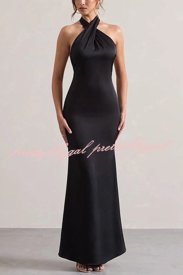 Elegant Solid Color Halter Neck Tie Backless Maxi Dress for Women - Perfect for Summer Beach Parties, Evening Events & Date Nights