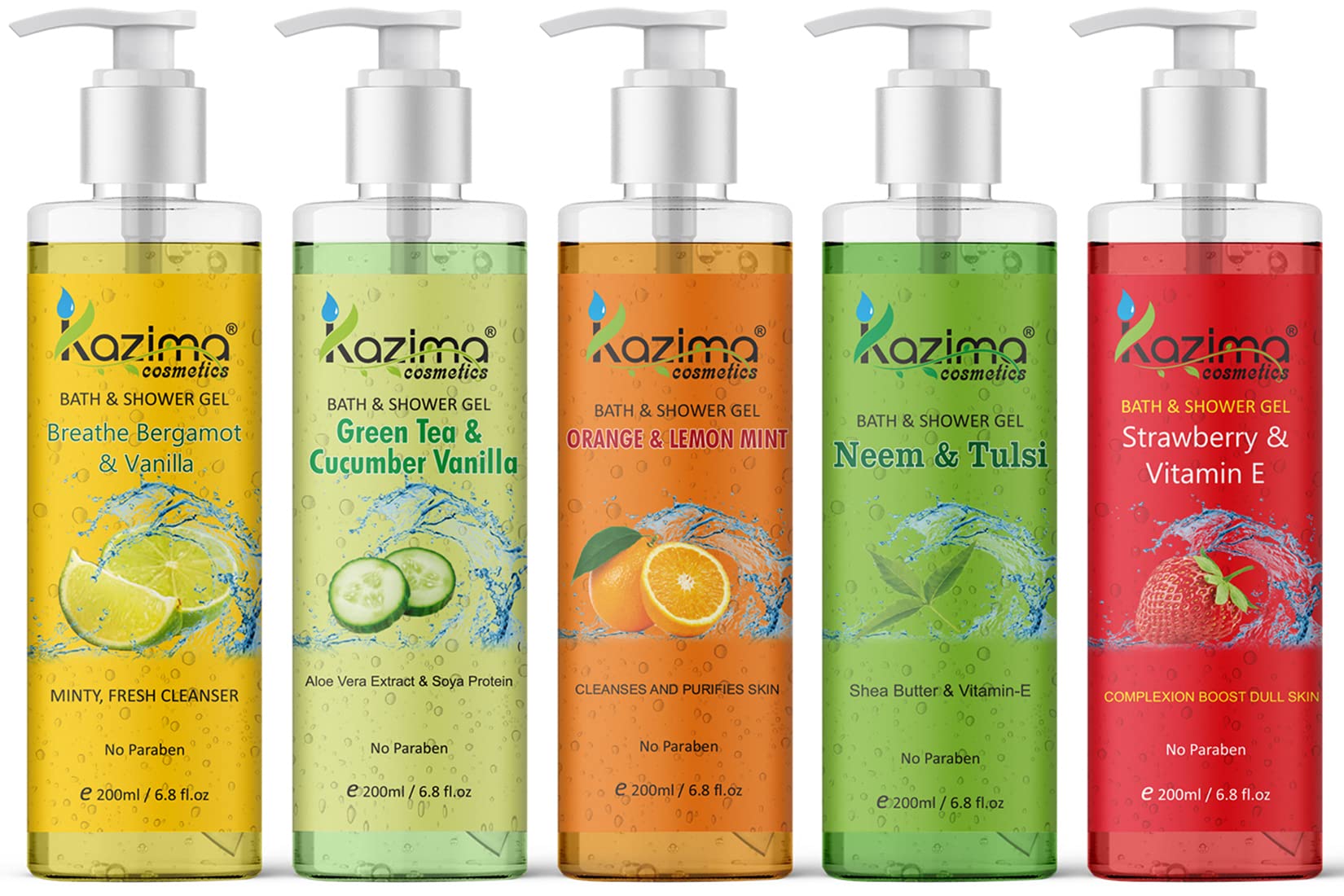 KAZIMA Luxury Body Wash Set - 5 Pack (200ml Each) with Bergamot Vanilla, Strawberry Vitamin E, Orange Lemon Mint, Neem Tulsi & Green Tea Cucumber | Moisturizing Shower Gel for Dry Skin, Relaxing Bath Time & Daily Skincare Routine
