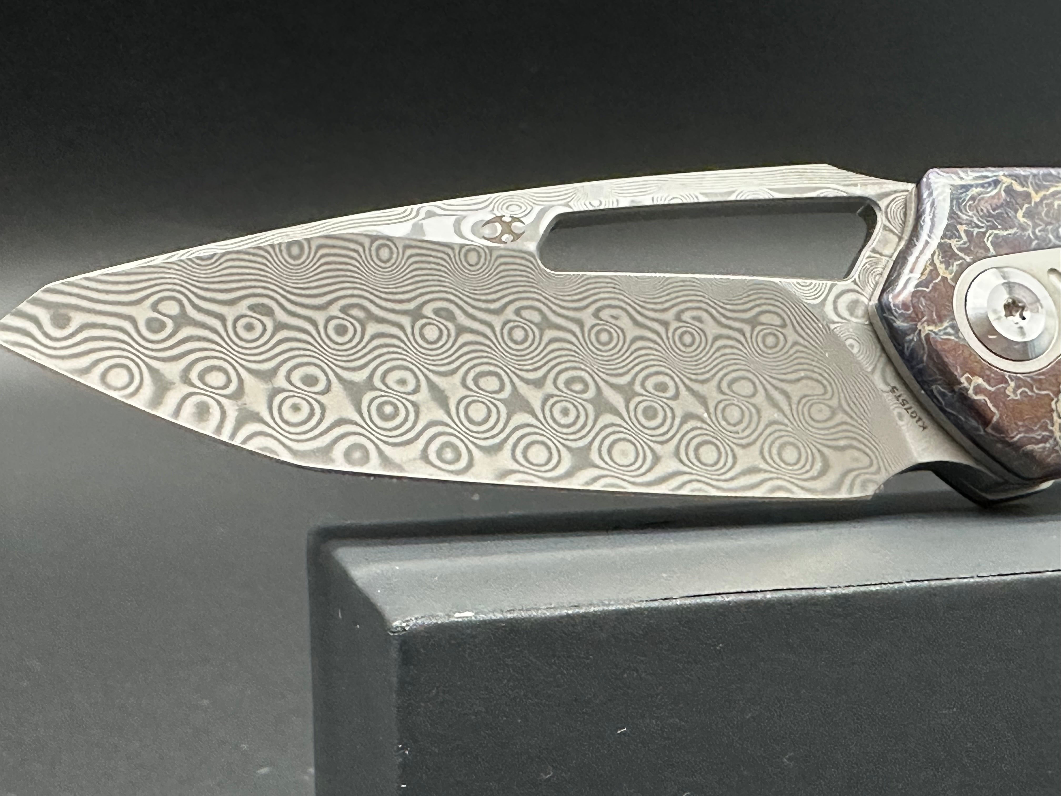 KANSEPT THOTH Folding Knife - Bead Blast/Lightning Strike Titanium Handle with Damascus Steel Blade - EDC Pocket Knife for Outdoor Camping, Hiking & Survival