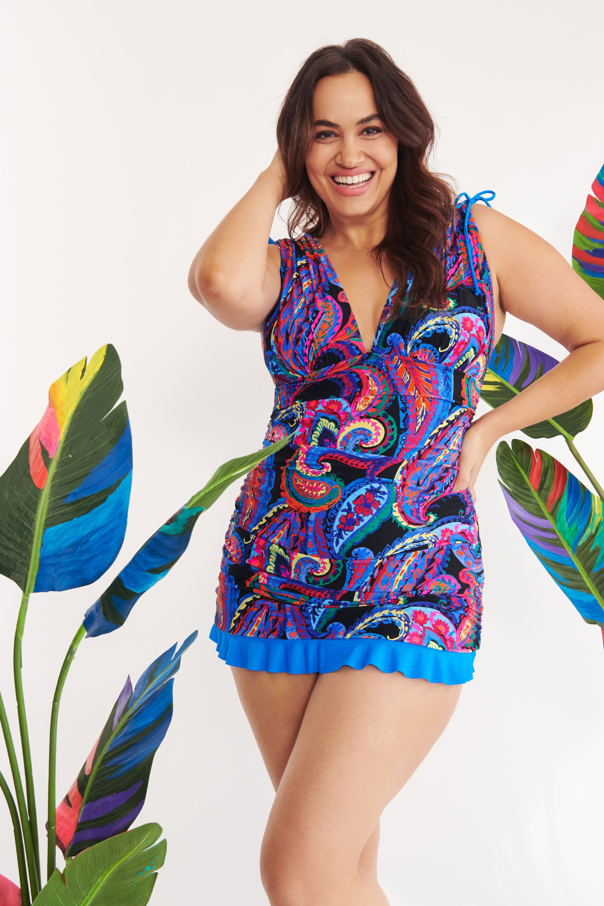 Plus Size Grecian Skater Ruched One Piece Swimdress in French Paisley Black | Flattering Swimwear for Women | Perfect for Beach Vacations, Pool Parties & Summer Getaways