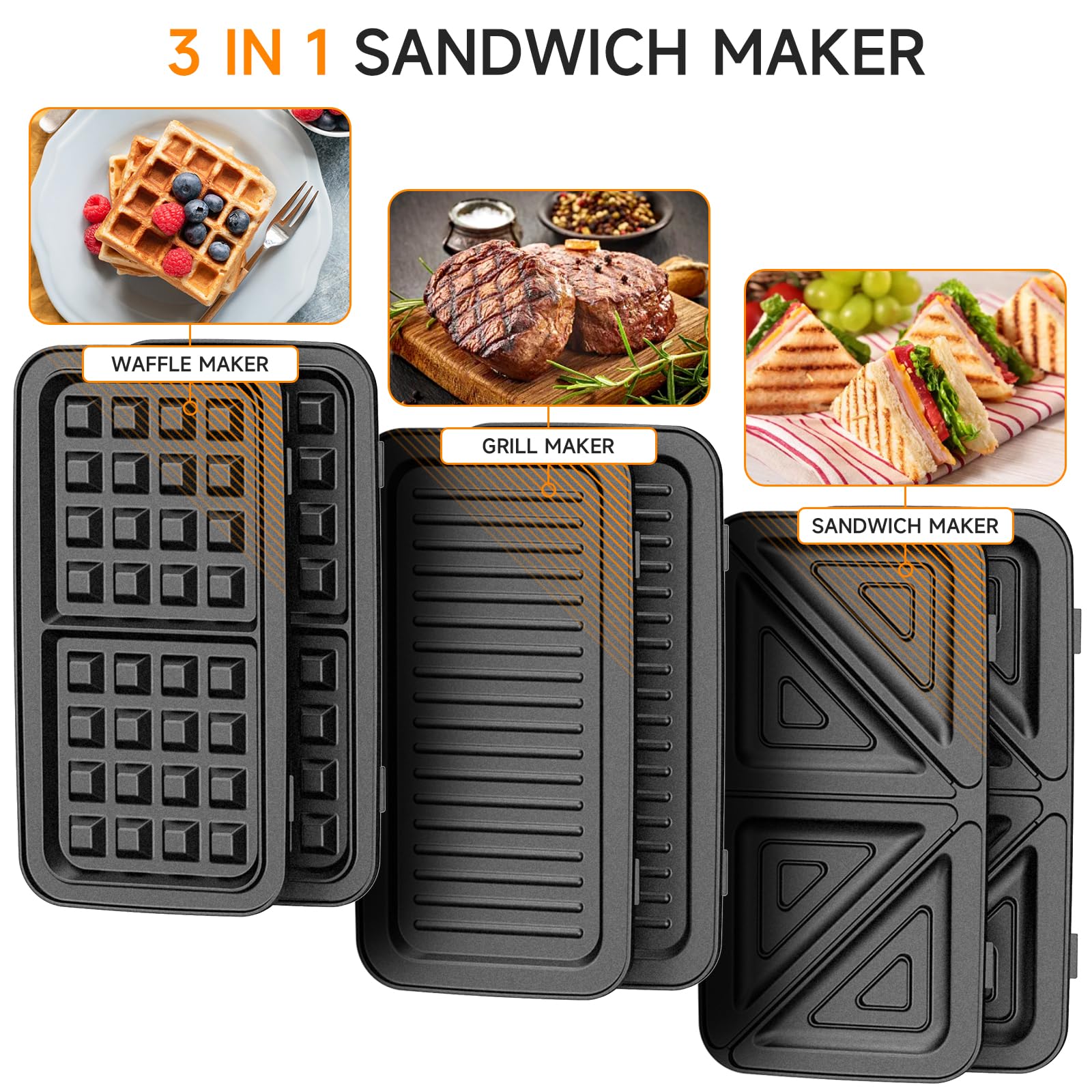 1200W 3-in-1 Sandwich & Waffle Maker with Adjustable Temperature Control, Removable Non-Stick Plates - Perfect for Panini, Grilled Cheese & Breakfast Waffles at Home, Dorm or Office