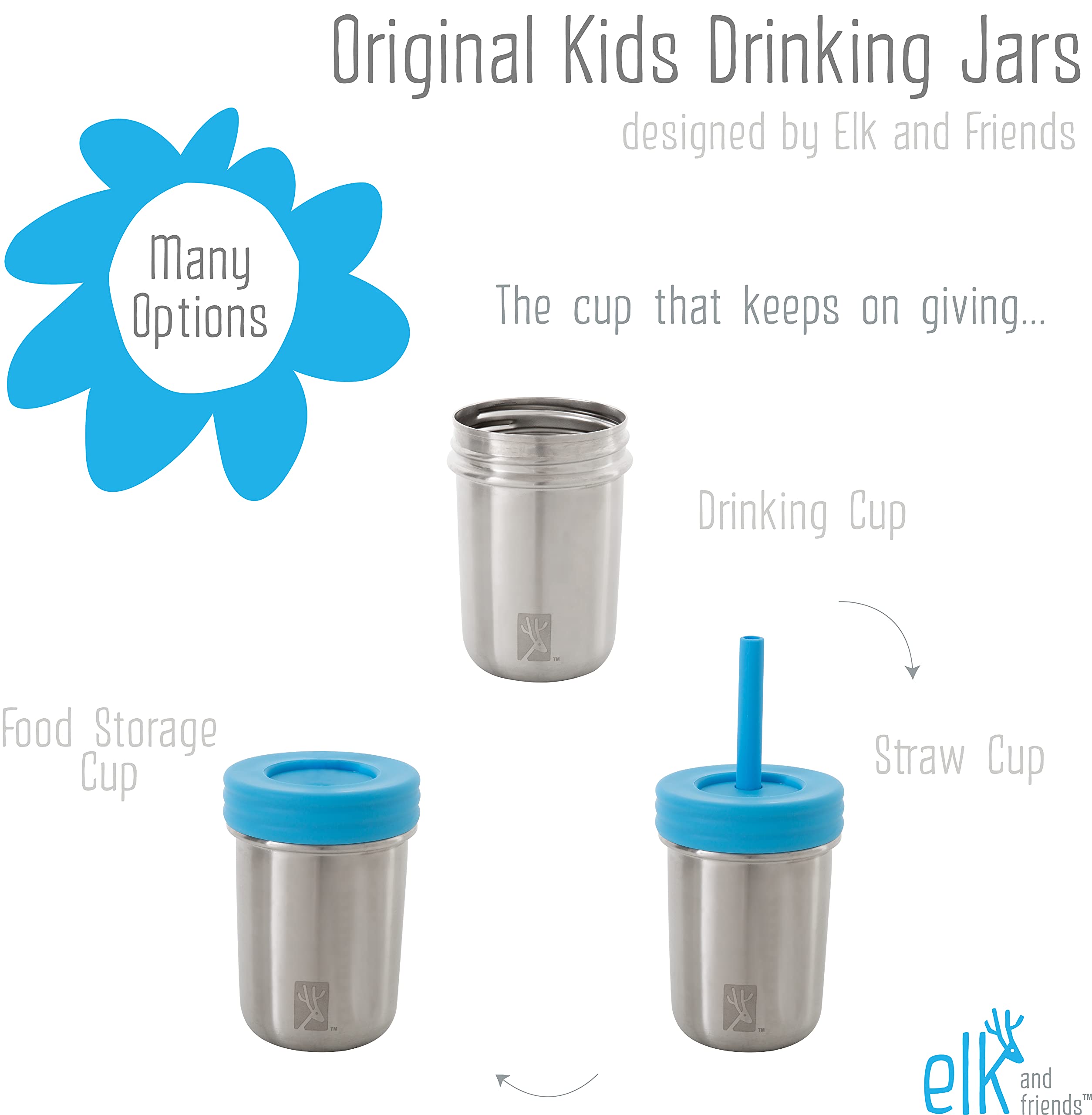 Elk and Friends 10 oz Stainless Steel Mason Jar Cups for Kids & Toddlers - Insulated Silicone Sleeve & Straw with Stopper - BPA-Free Smoothie, Juice, Milk Cups for Home, School, Picnics & Outdoor Activities