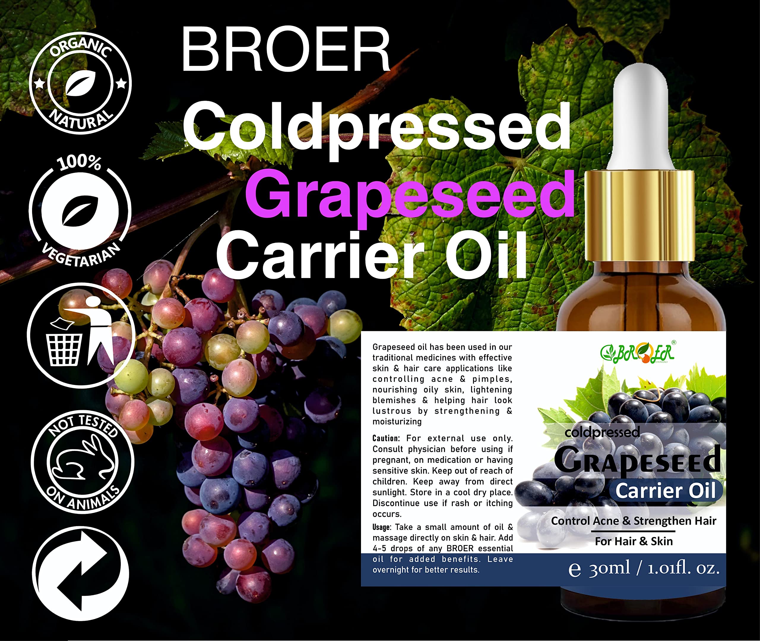 Pure Cold-Pressed Grapeseed Oil for Skin & Hair - Natural Face Massage Oil for Glowing Skin, Acne Treatment & Shiny Hair Care (2-Pack, 60ml) | Perfect for Daily Skincare Routine, DIY Beauty Recipes & Aromatherapy