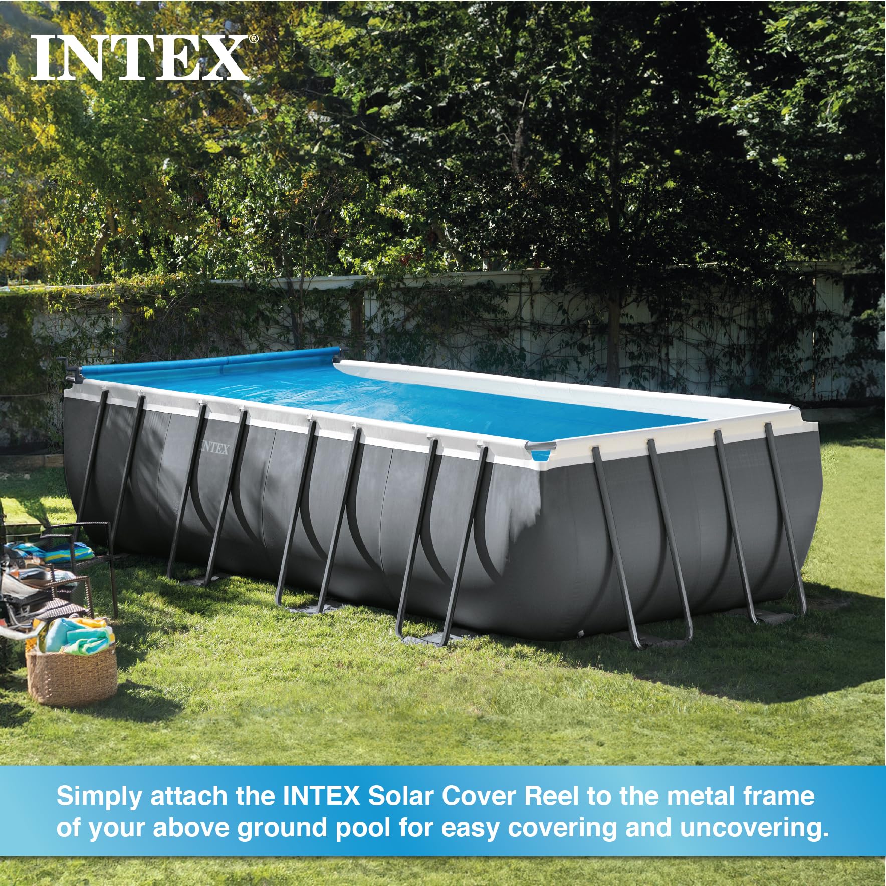 Intex Heavy Duty Solar Above Ground Pool Cover Reel - Adjustable Aluminum Frame with Locking Mechanism for Rectangle Pools (Cover Not Included) - Perfect for Easy Pool Cover Storage & Winter Protection