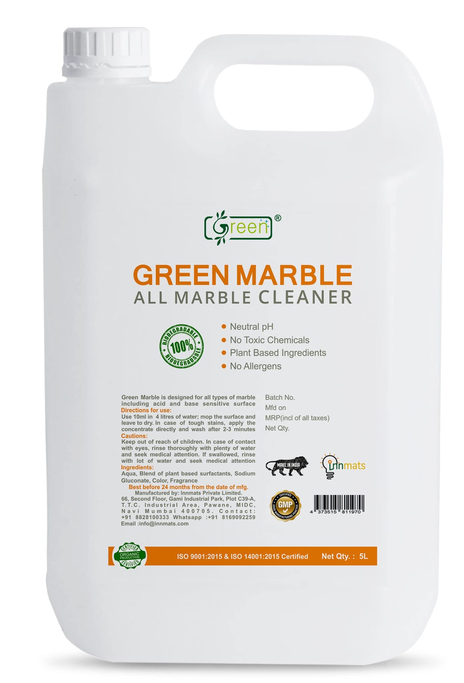 Green-Marble 5L Premium Marble Floor Cleaner & Maintainer - Deep Cleans & Protects Natural Stone Floors for Homes & Commercial Spaces