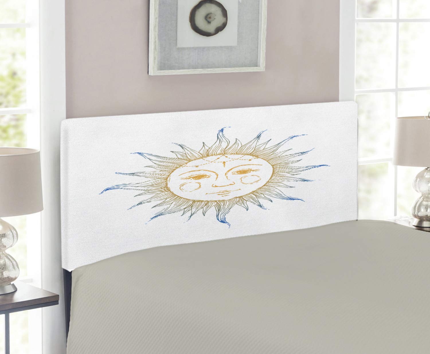 **Ambesonne Sun Headboard - Hand Drawn Tribal Aztec Star Design with Memory Foam, Twin Size Upholstered Metal Bed Frame in Apricot Blue White - Perfect for Bohemian & Eclectic Bedroom Decor**
