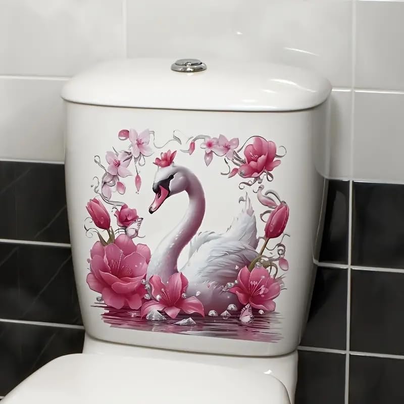 Waterproof Swan Blossoms Flower Toilet Cover Stickers - Spring Floral Leaf Butterfly Bathroom Decals for Toilet Lid, Tank & Seat | Self-Adhesive Vinyl Wall Stickers for Bathroom Decor (Home, Apartment, RV)