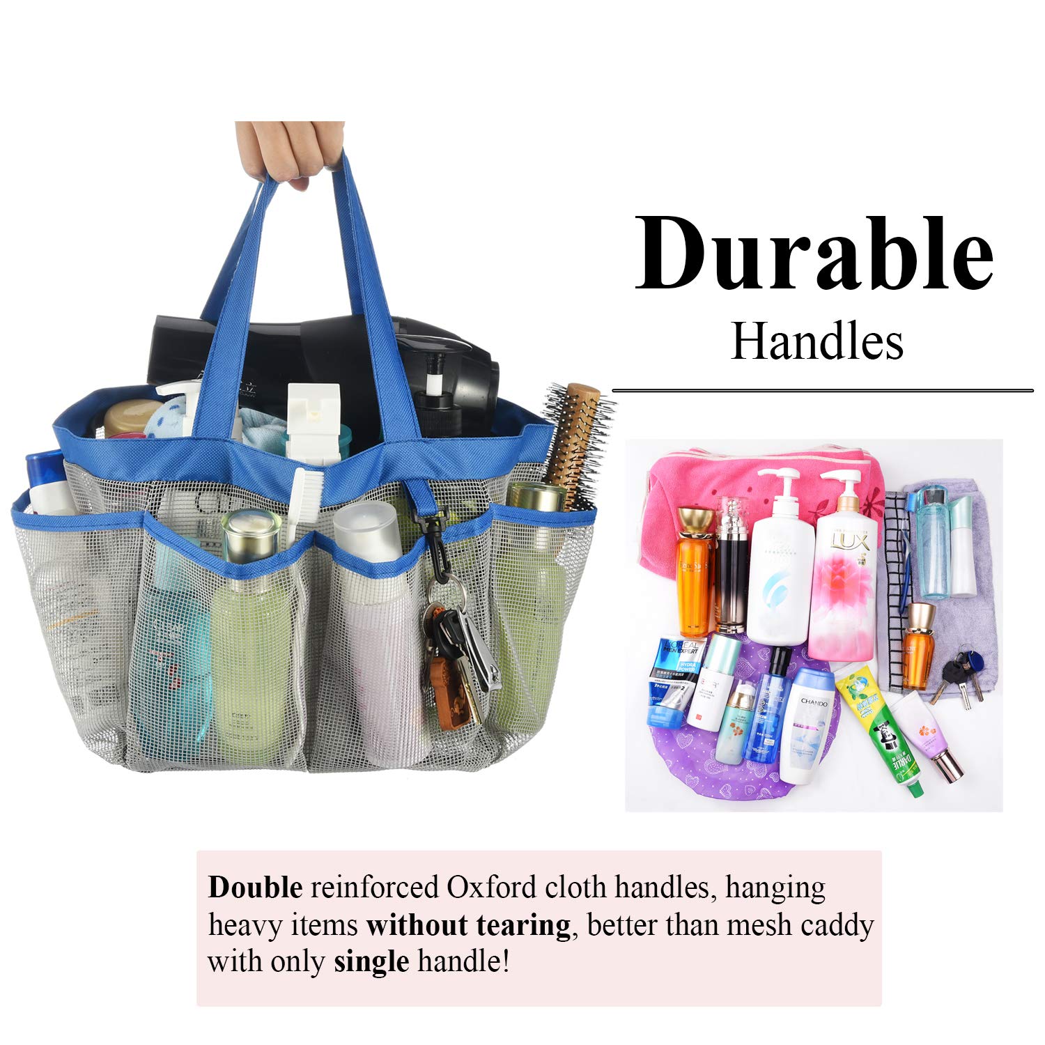 Large Mesh Shower Caddy Basket with 8 Pockets - Dorm & Bathroom Organizer with Key Hook & 2 Oxford Handles - Portable Hanging Tote Bag for College, Camp, Gym, and Travel