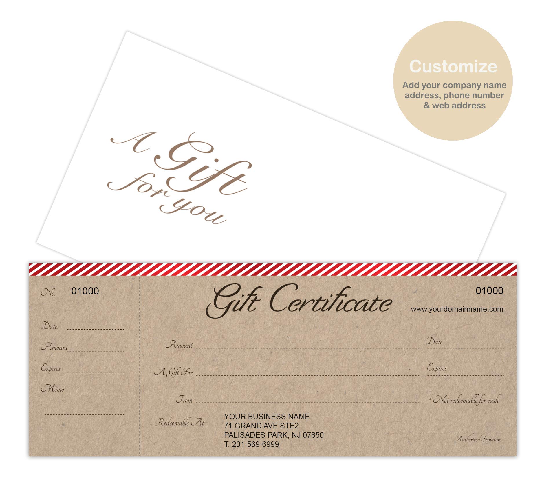 Custom Gift Certificate Cards with Envelopes - 100-Pack Premium Red Stripe Design on Kraft Background - Perfect for Small Business Gifting, Rewards & Loyalty Programs (Weddings, Birthdays, Corporate Events)