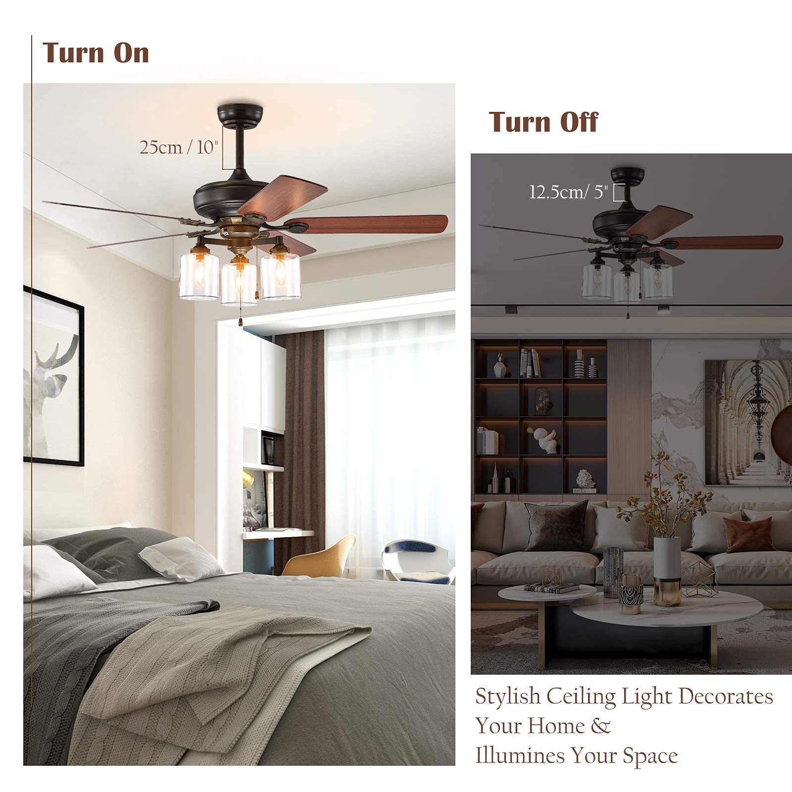 52 Inch Tangkula Industrial Ceiling Fan with Lights - 3-Speed Reversible Motor, 5 Blades & 3 Clear Glass Lights, ETL Certified Bronze Finish - Perfect for Living Room, Bedroom, and Patio Cooling