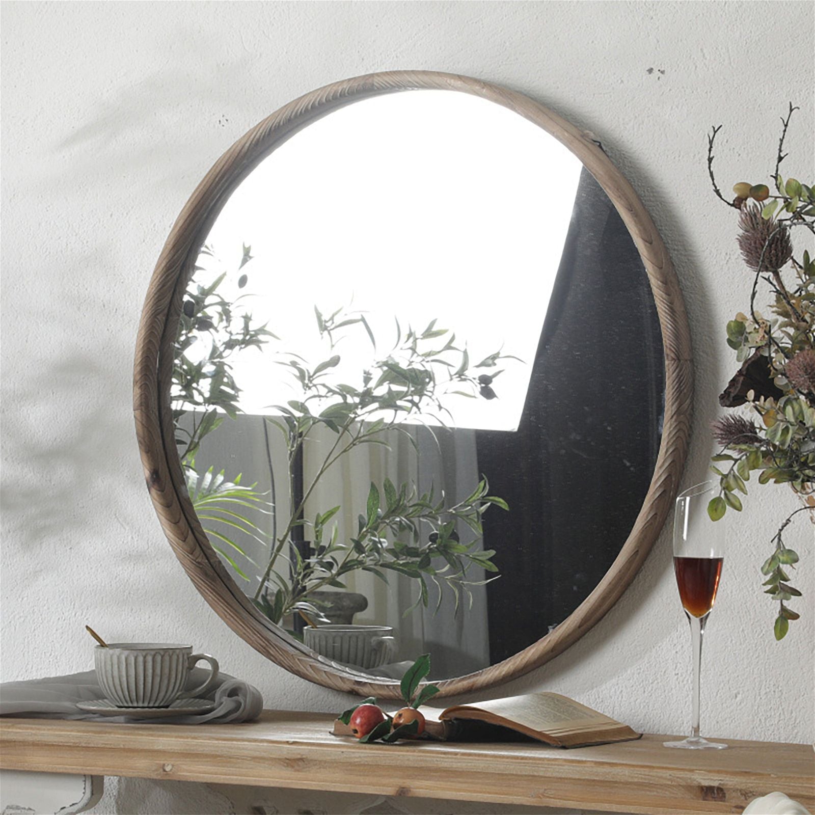 Round Grove Mirror 700mm - Natural Wood Frame by Urban Style - Perfect for Living Room, Bedroom & Bathroom Decor