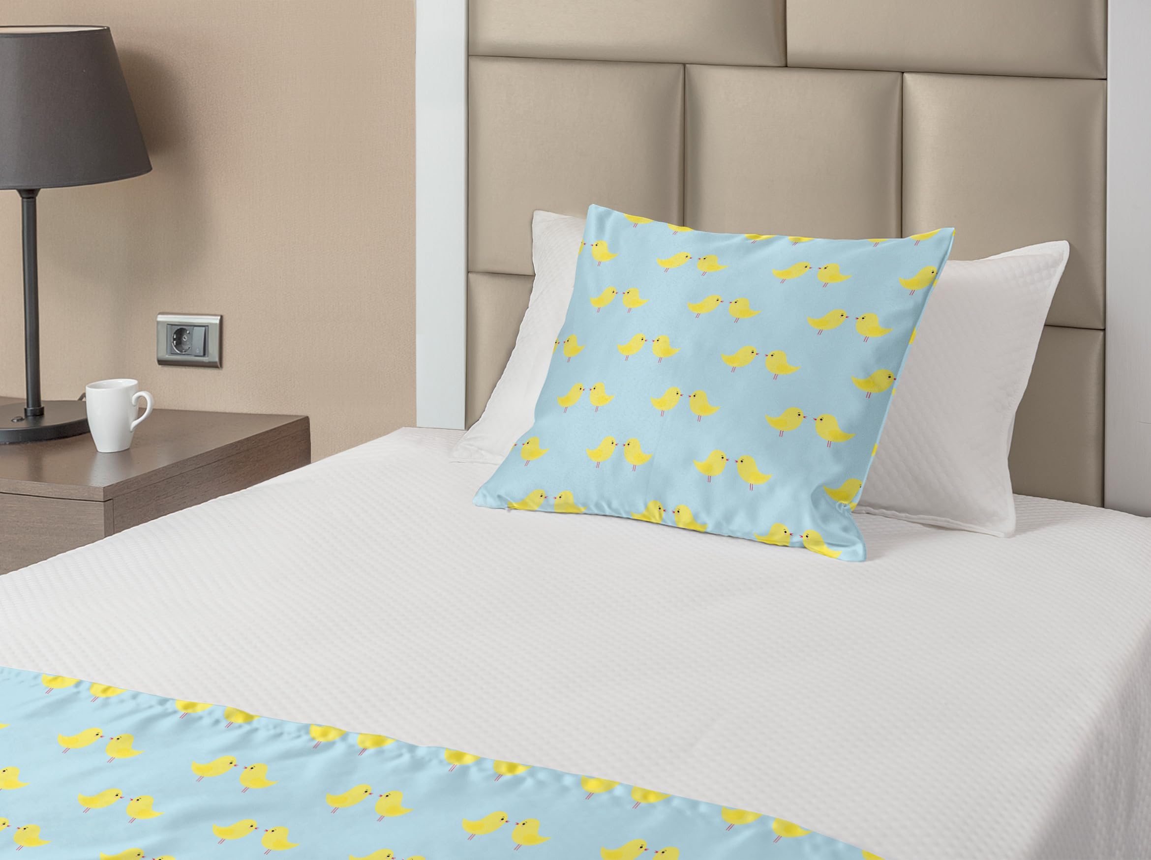 Ambesonne Yellow Bird Bed Runner Set - Cartoon Little Chickens Pattern, Decorative Bedding Scarf & Pillow Sham for Hotels & Homes, Twin Size, Pale Blue Pastel Yellow - Perfect for Nursery Decor, Guest Room Styling & Spring Bedroom Makeover