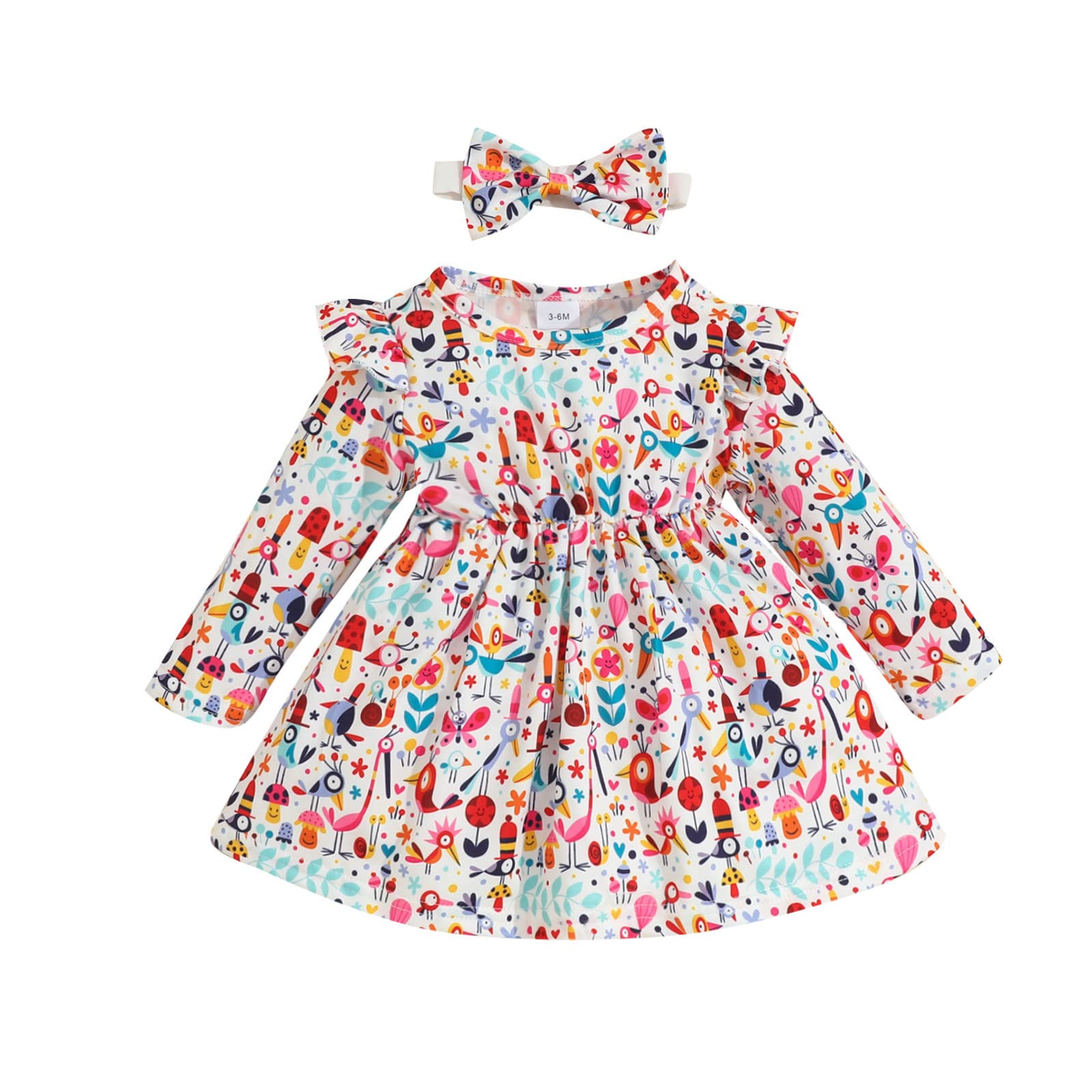 Toddler A-Line Dress for Baby Girls - Soft Cotton Long Sleeve Floral Bird Print Princess Dress with Headband | Perfect for Autumn Outfits, Birthday Parties & Photo Shoots
