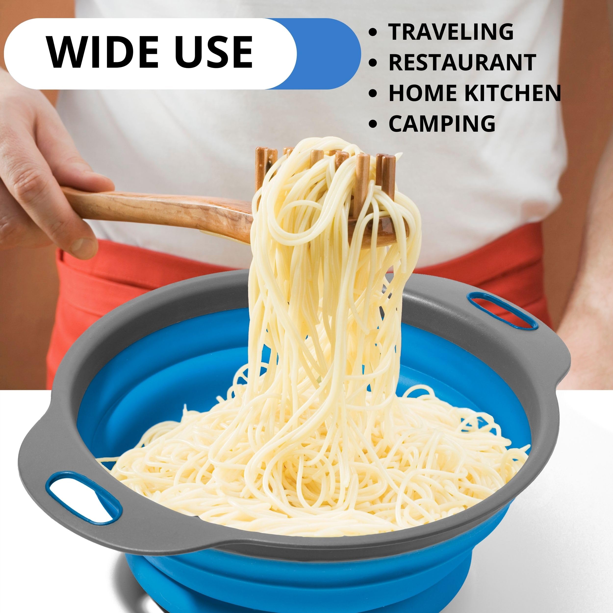Blue Kitchen Strainer Colander Set - 2 PCS Collapsible Silicone Food Grade Strainers with Plastic Handles for Pasta, Spaghetti, and Vegetables - Perfect for Cooking, Draining, and Meal Prep