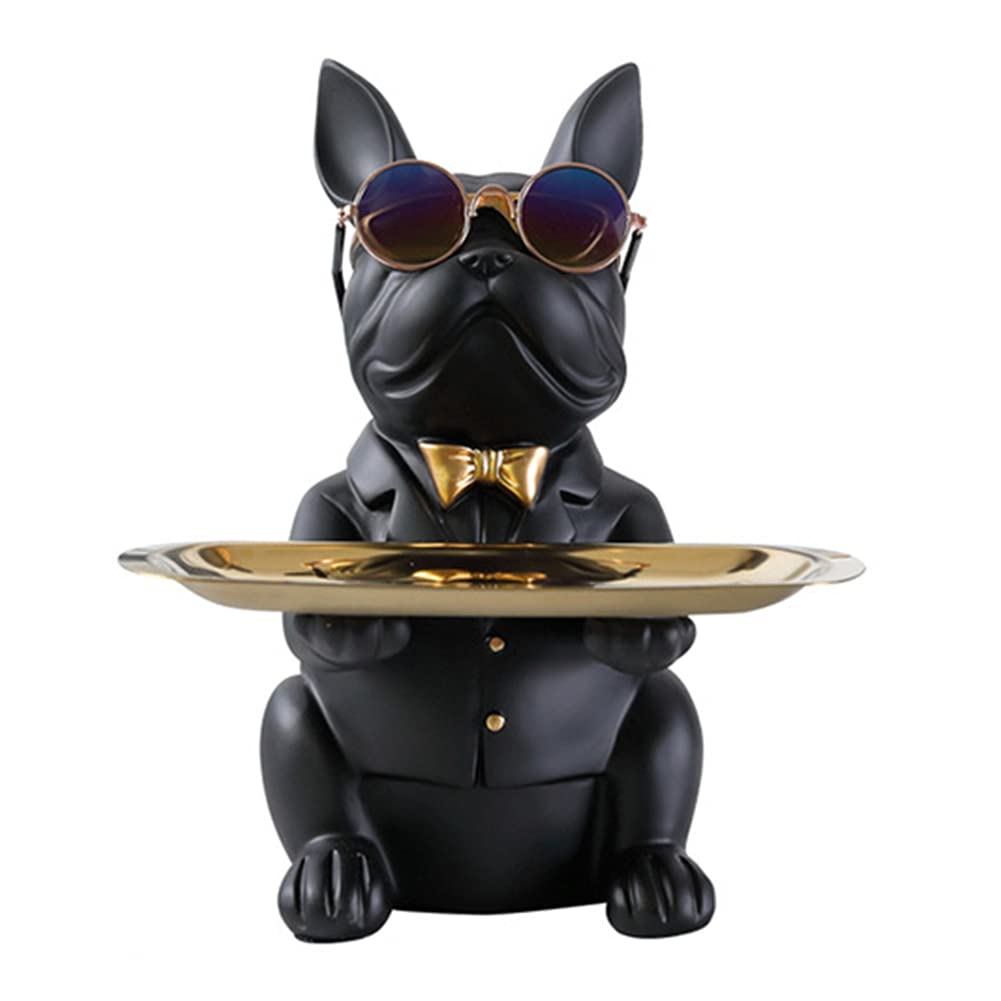 Modern Resin Bulldog Sculpture - Dog Figurine Storage Tray, Coin Bank & Home Decor Statue | Black Desktop Ornament for Office, Living Room & Gift Giving