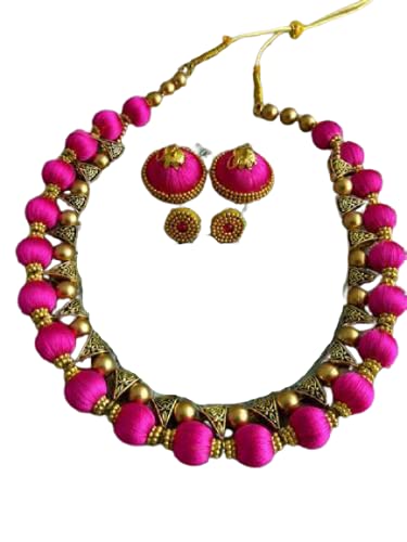 Elegant Pink Silk Thread Necklace Set for Women - Boho Chic Jewelry Gift for Bridesmaids, Party & Everyday Wear