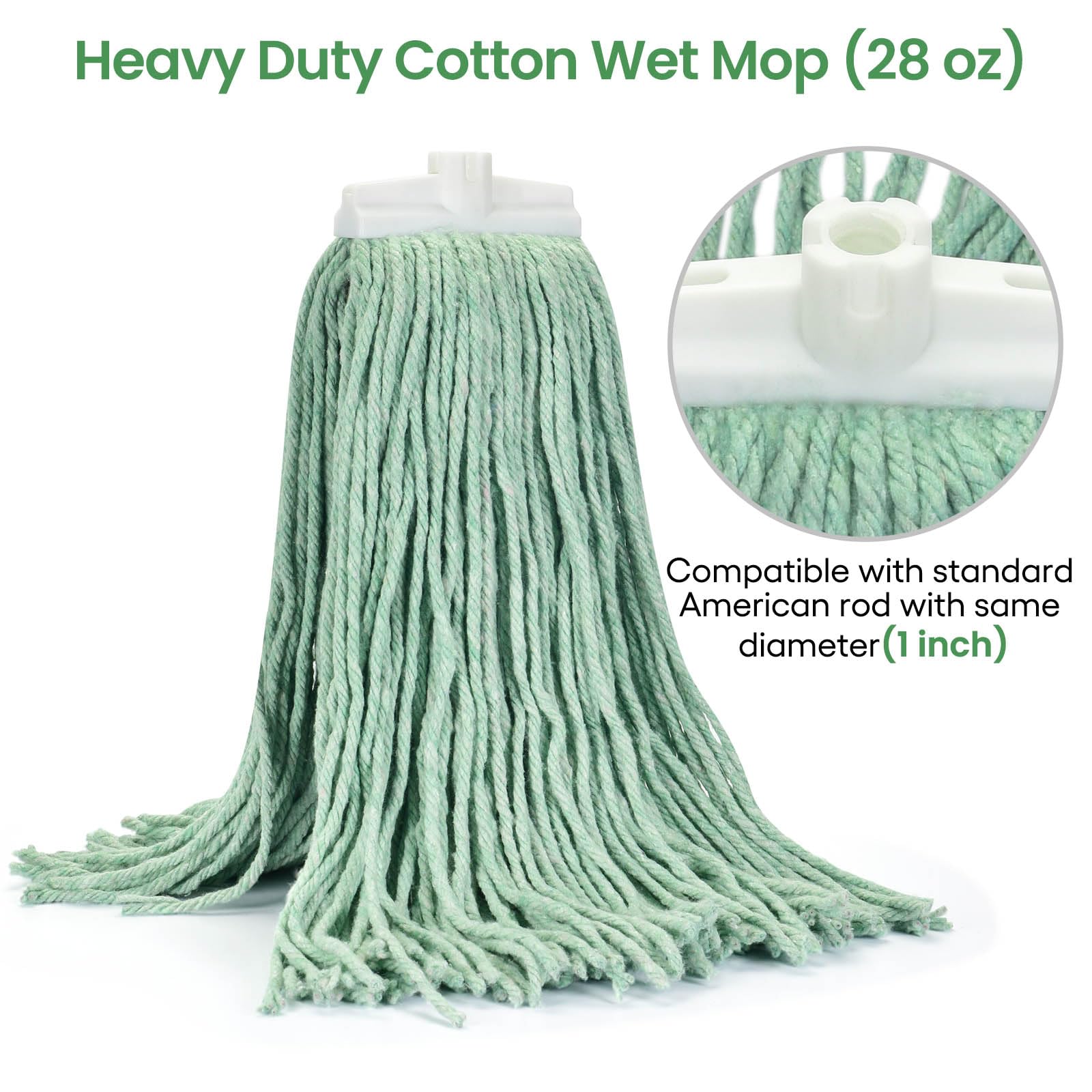 Matthew Heavy Duty Cotton Wet Mop Replacement Heads (Green, Large, 3-Pack) with 2 Microfiber Cloths for Residential & Commercial Floor Cleaning - Fits Standard American Screw - Ideal for Hardwood, Tile & Laminate Floors
