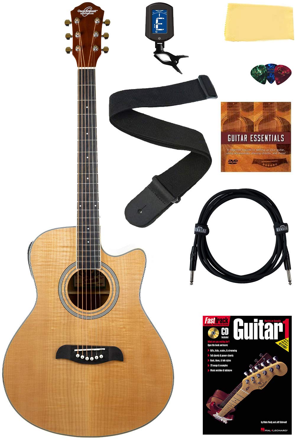 Oscar Schmidt OA10CE Mini Auditorium Acoustic-Electric Guitar Bundle - Natural Finish with Cable, Tuner, Strap, Picks, Instructional Book & Accessories | Perfect for Beginners, Travel & Live Performances