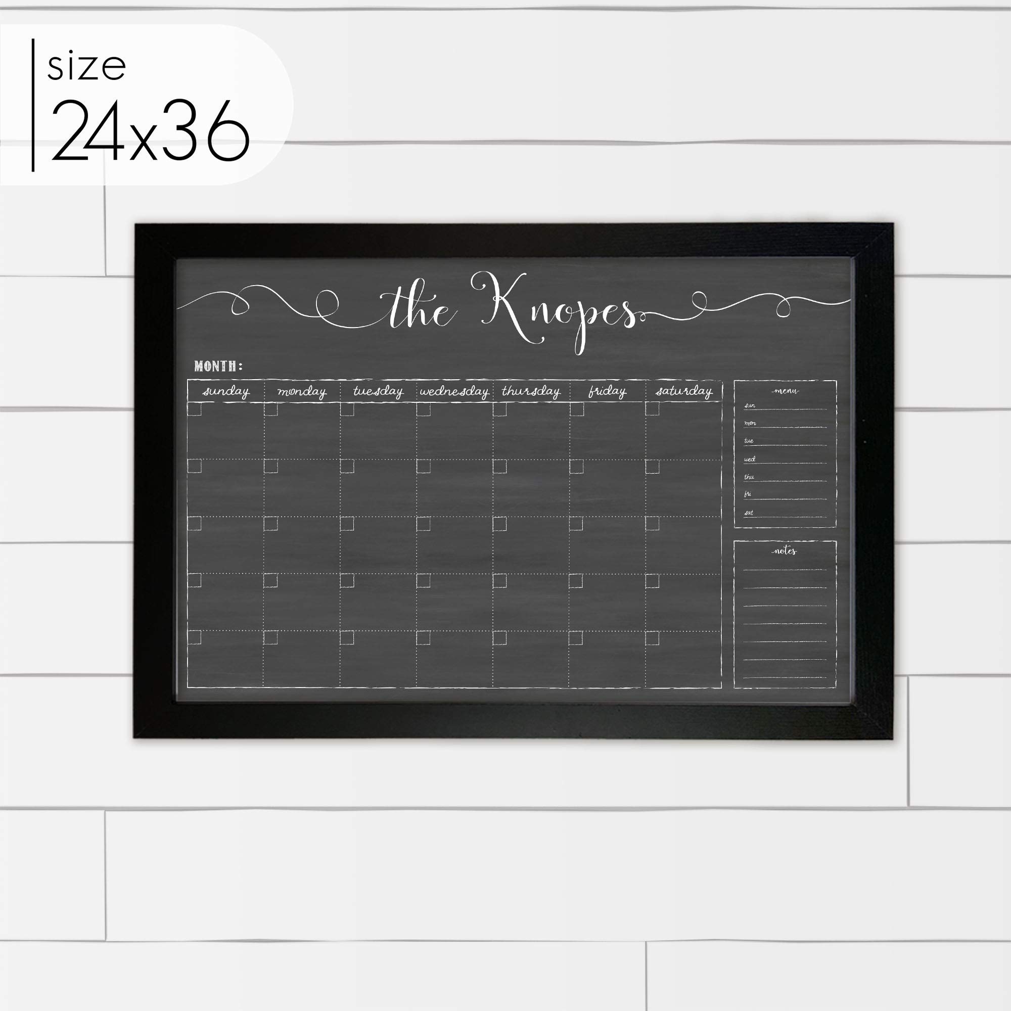 24x36 Large Dry Erase Framed Calendar - Custom Family Name & Cursive Hanging Chalkboard Style - Perfect for Home, Office, and Classroom Organization